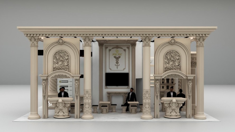 Poliurethan Prekast Klassische Säulen und Fassadendekorationen für Messe und Außenbereich <h2>Klassische Eleganz im modernen Messebau</h2><p>Die Kombination von <strong>Polyurethan</strong>-Elementen mit klassischen architektonischen Formen schafft eine luxuriöse Ästhetik. Die gerillten <strong>Säulen</strong> mit reich verzierten Kapitellen bilden das Grundgerüst der Gestaltung, während große Bögen und florale Reliefs eine eindrucksvolle Tiefe erzeugen.</p><p>Die detailreichen Ornamente, die fein ausgearbeiteten geometrischen Muster und die harmonische Wiederholung der Motive betonen die hohe Präzision. Besonders die mit floralen Mustern gefüllten Bögen und dekorativen Paneele geben der Struktur eine eindrucksvolle historische Anmutung.</p><h2>Historischer Bezug und zeitlose Wirkung</h2><p>Die Gestaltung erinnert an die antike Architektur der römischen und griechischen Epoche, in der <strong>klassische</strong> Säulenordnungen wie dorisch, ionisch und korinthisch verwendet wurden. Das Design übernimmt diese Symmetrie und dekorativen Motive und bringt sie in einen modernen Kontext.</p><p>Neben der ästhetischen Wirkung überzeugt der Einsatz von <strong>Prekast</strong>-Technologie durch Beständigkeit und einfache Montage. Diese Eigenschaften machen das Konzept sowohl für temporäre Messeauftritte als auch für dauerhafte <strong>Fassaden</strong>lösungen attraktiv.</p><ul><li>Detailreiche Ornamentik und Reliefarbeiten</li><li>Symmetrisch angeordnete Struktur</li><li>Beständiges Material für Innen- und Außeneinsatz</li><li>Klassische Säulenformen und Bögen</li></ul>

<p>Diese architektonische Struktur aus <strong>Polyurethan</strong> vereint klassische Formen mit moderner Anwendung. Sie schafft durch elegante <strong>Säulen</strong> und präzise Bögen eine beeindruckende Wirkung. Die Ornamente sind detailreich und sorgfältig gestaltet. Geometrische Muster verstärken die Struktur und verleihen Symmetrie. Dekorative Reliefs unterstreichen den luxuriösen Charakter. Historische Vorbilder wie griechische und römische Baukunst sind klar erkennbar. Diese Anlehnung verleiht dem Design Zeitlosigkeit. Die Verwendung von <strong>Prekast</strong>-Elementen ermöglicht Langlebigkeit und Beständigkeit. Gleichzeitig bleibt die Montage praktisch und effizient. Für Messen schafft das Design Aufmerksamkeit und Eleganz. Für Fassaden verleiht es dauerhafte Präsenz. Jede einzelne Säule trägt zum harmonischen Gesamtbild bei. Die Bögen betonen eine monumentale Dimension. Durch die floralen Dekore wirkt das Bild besonders edel. Insgesamt vereinfacht die Kombination von Funktionalität und Ästhetik den hochwertigen Einsatz.</p>