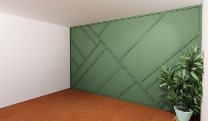 Moderne klassische Wandgestaltung mit Polyurethanleisten in geometrischem Design <h2>Geometrische Wandgestaltung in modern-klassischem Stil</h2><p>Die Wanddekoration aus Polyurethanleisten verleiht dem Raum ein einzigartiges Erscheinungsbild. Die <strong>geometrischen Muster</strong> sind in diagonaler Ausrichtung angeordnet und bilden eine Kombination aus Rechtecken, Quadraten und Dreiecken. Diese Gestaltung sorgt nicht nur für optische Spannung, sondern bringt auch rhythmische Bewegung in den Raum.</p><p>Die Oberfläche ist in einem satten <strong>Grünton</strong> gehalten, der einen frischen und zugleich beruhigenden Akzent setzt. Diese Farbgebung harmoniert optimal mit dem warmen Holzfußboden und den weißen Raumflächen. Unterstützt wird die Atmosphäre durch einen dezenten Pflanzenarrangement, das den natürlichen Charakter unterstreicht.</p><p>Polyurethan als Werkstoff bietet nicht nur eine elegante dekorative Wirkung, sondern auch Beständigkeit und Leichtigkeit in der Verarbeitung. Seit der klassischen Architekturgeschichte, in der Wandverzierungen mit Stuckelementen eine bedeutende Rolle spielten, hat sich die Technik weiterentwickelt und findet heute in moderner Form ihren Platz.</p><ul><li><strong>Polyurethanleisten</strong> schaffen Tiefe und Struktur.</li><li><strong>Modern-klassisch</strong> verbindet zeitgemäße Klarheit mit traditionellen Details.</li><li>Das Zusammenspiel von <strong>Liniendynamik</strong> und Farbe sorgt für eine ausgewogene Raumwirkung.</li></ul>

<p>Diese Wandgestaltung verbindet moderne Eleganz mit klassischer Raffinesse. Die diagonalen Polyurethanleisten schaffen ein strukturiertes Muster. Der kräftige <strong>Grünton</strong> bietet Frische und Ruhe. Der warme Holzfußboden bringt Balance. Die klare Linienführung betont geometrische Präzision. Ein dezentes Pflanzenarrangement ergänzt den natürlichen Charakter. Die <strong>Polyurethanleisten</strong> wirken stabil und dekorativ. Das Design vereint Minimalismus und klassische Ornamentik. Die diagonalen Linien erzeugen Dynamik. Ein <strong>geometrisches Muster</strong> setzt architektonische Akzente. Der Kontrast unterstützt die Raumwahrnehmung. Moderne und klassische Elemente harmonieren. Die Materialwahl ist funktional und ästhetisch. Die gesamte Optik wirkt stilvoll. Diese Gestaltungsidee ist vielseitig einsetzbar.</p>