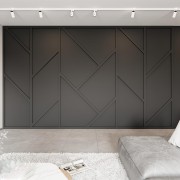 Modern-classic living room with polyurethane wall panels and geometric elegance