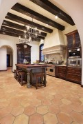 Rustic Kitchen Design with Wood, Stone, and Hexagonal Tile Harmony