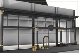 Poliurethan Außengeschäft Fassade und klassisch-moderne Eingangstür Dieses Design einer klassisch-modernen Eingangstür für eine Geschäftsfassade kombiniert hochwertige Poliurethan-Oberflächen mit klaren, symmetrischen Linien und goldfarbenen Akzenten. Die dunkle Grundfarbe betont die geo