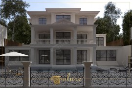 Klassieke villa gevel met polyurethaan raamlijsten en deuromlijstingen Klassieke villa ontwerpdetailsDit villa-exterieur straalt een klassieke grandeur uit dankzij zorgvuldig geplaatste polyurethaan