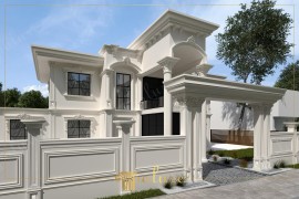 Klasikna vila sa poliuretanskim spoljnim dekorom i bogatim arhitektonskim detaljima Klasikna arhitektura sa poliuretanskim ukrasimaSpoljni dizajn ove vile ističe se kroz stubove, kapitele i dekorativne ra