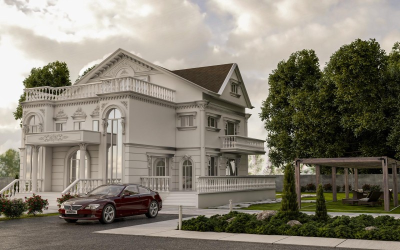 Villa klasike me fasadë poliuretani me ornamente elegante <h2>Fasadë klasike me elemente dekorative nga poliuretani</h2><p>Vila paraqet një kombinim të përjetshëm të <strong>poliuretani</strong>t me arkitekturën klasike, duke ofruar një pamje shumë të rafinuar. Dritaret e larta me forma harku shoqërohen nga korniza ornamente që pasqyrojnë mjeshtërinë e kohëve antike. Balustradat e bardha harmonizohen me kolonat e ngjashme me rendin <strong>Dorik</strong> dhe <strong>Korint</strong>, duke kujtuar traditat arkitektonike të shekujve të kaluar.</p><p>Pjesa qendrore ka një ballkon të theksuar me dekor gjeometrik dhe motive florale të punuara, të cilat i japin thellësi fasadës. Struktura përfshin detaje të punuara me kujdes në reliev, duke krijuar një ndjesi tridimensionale.</p><h2>Estetika dhe funksionaliteti</h2><p>Kangjellat dhe shkallët e bardha plotësojnë totalin estetik, duke krijuar një hyrje solemne dhe të ekuilibruar. Oborri i gjelbëruar me bimësi të rregulluar shikshëm ofron kontrast natyror ndaj nuancave të bardha. Një pergolë prej druri në kopsht përforcon ndjesinë e relaksit dhe intimitetit.</p><ul><li><strong>Ornamente</strong> florale dhe lineare</li><li>Balustrada të punuara në formë klasike</li><li>Detaje arkitektonike në reliev të imët</li><li>Përzierje e kontrasteve materiale dhe natyrore</li></ul><p>Kjo vilë përçon një ndjesi aristokracie dhe elegance, duke përfaqësuar një shembull të qartë të bashkimit të dizajnit tradicional me teknologjinë moderne të <strong>poliuretani</strong>t.</p>

<p>Kjo vilë përfaqëson një kombinim të sofistikuar të estetikës klasike dhe teknologjisë moderne. Fasada është e zbukuruar me <strong>poliuretani</strong> që sjell qëndrueshmëri dhe elegancë. Kornizat e harkuara të dritareve japin një ndjenjë dinamike. Kolonat me kapitele të punuara në stil klasik ofrojnë një shije historike. Balustradat e bardha shtojnë një ritëm të butë linear. Ornamentet florale dhe gjeometrike rrisin vlerën artistike. Struktura e çatisë trekëndore thekson simetrinë. Një pergolë prej druri në oborr plotëson kontrastin estetik. Shkallët e bardha krijojnë një hyrje impozante. Detajet në reliev nënvizojnë finesën e veçantë. Oborri me bimësi të gjelbër rrit ndjesinë natyrore. Ky dizajn harmonizon klasin dhe natyrën. Vila është shembull i përjetshëm i arkitekturës. Stili lidhet me frymëzime <strong>klasike</strong> të kohëve të vjetra. Balanca mes funksionit dhe pamjes është e përkryer.</p>