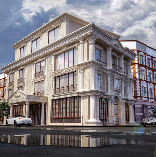 Klasyczna elewacja hotelu z poliuretanu z kolumnami i ornamentami <h2>Klasyczne wzornictwo z nowoczesnym akcentem</h2><p>Elewacja prezentuje <strong>poliuretanowe</strong> wykończenia, które doskonale imitują kamień, a jednocześnie są lekkie i trwałe. Bogate detale, takie jak rzeźbione <strong>ornamenty</strong>, kanelowane <strong>kolumny</strong> i geometryczne fryzy nadają fasadzie prestiżowy charakter. Duże przeszklenia wprowadzają nowoczesny akcent, przełamując masywność klasycznych elementów.</p><p>Motywy roślinne i geometryczne wzory wplecione w elewację nawiązują do tradycji renesansowych i barokowych fasad miejskich. Subtelne zdobienia przy gzymsach kontrastują z prostotą prostokątnych okien, co wzmacnia rytmiczność całej kompozycji. Portyk wejściowy z łukowym nadprożem oraz frontonem dodaje monumentalności.</p><h2>Funkcjonalność i estetyka</h2><p>Zastosowanie <strong>dekoracyjnych paneli</strong> poliuretanowych pozwala na bogate zdobnictwo przy jednoczesnym obniżeniu kosztów i ciężaru konstrukcji. Wyraziste profile okienne w kolorze kontrastującym z jasną elewacją podkreślają wzajemne przenikanie tradycji i współczesnej architektury. Całość utrzymana jest w harmonijnej symetrii, której korzeni można szukać już w klasycznej architekturze starożytnej Grecji, opartej na zasadach proporcji i rytmu.</p><ul><li>Kolumny kanelowane o proporcjach klasycznych</li><li>Ornamenty roślinne i geometryczne</li><li>Fronton z detalem rzeźbiarskim</li><li>Duże przeszklenia dla doświetlenia wnętrz</li><li>Kontrast jasnej elewacji i ciemnych ram okiennych</li></ul>
<p>Elewacja hotelowa wykonana z <strong>poliuretanu</strong> prezentuje harmonijne połączenie klasyki i nowoczesności. Kolumny kanelowane dodają monumentalności i nawiązują do tradycji antycznej. Fronton z delikatnymi zdobieniami wprowadza prestiżowy akcent. Duże przeszklenia kontrastują z bogatymi detalami elewacyjnymi. Subtelne <strong>ornamenty</strong> roślinne i geometryczne fryzy nadają fasadzie wyjątkową elegancję. Portyk wejściowy z łukowym nadprożem stanowi centralny punkt kompozycji. Jasna fasada doskonale współgra z ciemnymi profilami okien. Symetria całości odwołuje się do zasad proporcji znanych ze starożytnej sztuki. Zastosowane <strong>dekoracyjne panele</strong> ułatwiają montaż i redukują koszty. Trwałość poliuretanu sprawia, że budynek zachowuje świeżość przez długie lata. Styl klasyczny zostaje wzbogacony o nowoczesne rozwiązania techniczne. Wyraźna rytmiczność okien nadaje fasadzie porządek i spójność. Fasada wyróżnia się detalami, które podnoszą jej estetykę. Rozwiązanie łączy funkcjonalność, trwałość i elegancję. Projekt odzwierciedla współczesne podejście do tradycji architektonicznej.</p>