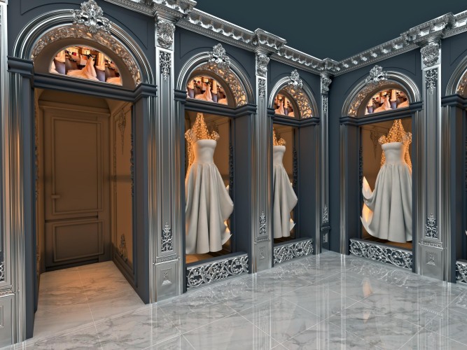 Poliurethan Dekoration für Braut- und Abendmodegeschäfte im klassischen Stil <h2>Klassische Eleganz mit Poliurethan</h2><p>Die Innengestaltung des Showrooms zeigt eine Kombination aus <strong>Poliurethan</strong>-Verzierungen, dunklen Wandpaneelen und reliefartigen Ornamenten, die dem Raum einen aristokratischen Charakter verleihen. Die Bögen über den Displays erinnern an klassische Architekturformen mit Anklängen an römisch-barocke Details.</p><p>Die ausgestellten Kleider erscheinen in großzügigen Nischen, deren Umrahmung durch <strong>Ornamente</strong> aus Poliurethan betont wird. Silberne Reliefs mit floralen Mustern spiegeln die Lichtstrahlen wider und verstärken dadurch die Tiefe der Komposition.</p><p>Auf dem Boden liegt polierter <strong>Marmor</strong> mit grauen Adern, der das Licht reflektiert und eine Bühne für die Kleider bietet. Diese Kombination aus Materialien sorgt dafür, dass der Raum luxuriös, aber dennoch klar und geordnet wirkt.</p><h2>Gestaltungselemente und historische Inspiration</h2><p>Die architektonischen Elemente wie Pilaster, Bögen und Friese haben ihre Wurzeln in der klassischen Antike und späteren barocken Weiterentwicklungen. Durch ihre Umsetzung in <strong>poliurethanem</strong> Material wird eine kosteneffiziente und zugleich detailreiche Lösung erreicht.</p><ul><li>Sichtbare Symmetrie und Wiederholung schafft Ruhe und Harmonie.</li><li>Florale Reliefmotive betonen die feine Handwerkskunst.</li><li>Die Beleuchtung durch indirektes, warmes Licht hebt die Stoffstrukturen der Kleider hervor.</li></ul><p>So verbindet sich eine traditionsreiche <strong>klassische</strong> Architekturästhetik mit modernen Materialien und schafft ein Ambiente, das für festliche Mode ideal ist.</p>
<p>Dieses Designkonzept für ein Braut- und Abendmodegeschäft vereint klassische Architektur mit <strong>Poliurethan</strong>-Details. Die Bögen sind reich mit <strong>Ornamenten</strong> verziert und verleihen dem Raum eine elegante Tiefe. Durch den Einsatz von poliertem <strong>Marmor</strong> entsteht ein luxuriöser Untergrund. Silberne Reliefs und florale Elemente erzeugen ein kunstvolles Wechselspiel aus Licht und Schatten. Die Schaufensternischen rahmen die ausgestellten Kleider perfekt ein. Warme Beleuchtung hebt die Textur der Stoffe hervor. Die Symmetrie in der Gestaltung sorgt für Harmonie. Die Reliefmotive greifen klassische barocke Anklänge auf. Der Gesamtraum wirkt edel und zugleich modern. Die Kombination aus dunklen Wandpaneelen und hellen Kleidern schafft Kontraste. Die Böden spiegeln die Dekoration und setzen zusätzliche Tiefe. Die Konstruktion ist funktional und dennoch voller Details. Poliurethan ermöglicht feine Reliefarbeit mit Langlebigkeit. Die Atmosphäre ist luxuriös und einladend. Vergleichbare Designs eignen sich ideal für exklusive Modegeschäfte.</p>