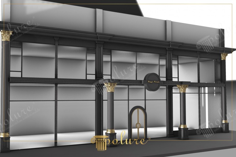 Elegante Polyurethan-Fassadengestaltung für klassische Geschäftsräume <h2>Klassische Eleganz mit Polyurethan</h2><p>Die Fassadengestaltung basiert auf dem Einsatz von <strong>Polyurethan</strong>, einem vielseitigen Material, das sowohl Stabilität als auch feine Oberflächenstrukturen ermöglicht. Schwarze Säulen mit goldenen <strong>Kapitellen</strong> im korinthischen Stil verleihen dem gesamten Gebäude eine erhabene Note. Zwischen den Säulen befindet sich eine klare Rasterstruktur aus Glasflächen, die großzügige Transparenz bietet.</p><p>Die <strong>Geometrie</strong> der Fassade ist streng symmetrisch aufgebaut, wodurch ein harmonisches Gesamtbild entsteht. Die Ornamente orientieren sich an historischen Vorbildern antiker Architektur, wo korinthische Kapitelle seit Jahrhunderten für Eleganz und Repräsentation stehen. Dieses kleine historische Detail macht die Gestaltung kulturell wertvoll und verleiht dem Geschäftsgebäude eine unverwechselbare Präsenz.</p><p>Der Eingangsbereich wird durch einen mittig angeordneten, halbkreisförmigen Torbogen betont, der von goldenen Elementen umrahmt wird. Dies verstärkt die <strong>ästhetische</strong> Wirkung der Schaufensterfront und zieht die Aufmerksamkeit der Passanten sofort an.</p><p>Die Kombination aus dunkler Farbgebung, glänzenden Goldakzenten und klaren Linien schafft ein <strong>luxuriöses</strong> Erscheinungsbild, das sich ideal für Geschäfts- und Showroom-Konzepte eignet. Durch die Vielseitigkeit des Materials ist eine lange Haltbarkeit und pflegeleichte Nutzung gewährleistet.</p>

<p>Diese Fassade vereint moderne Funktionalität und klassische Eleganz. Die symmetrische Anordnung der Glasflächen harmoniert perfekt mit den majestätischen Säulen. Schwarze Polyurethan-Strukturen sorgen für Stabilität und dezente Raffinesse. Goldene Kapitelle im korinthischen Stil wirken repräsentativ. Die <strong>Geometrie</strong> des Designs basiert auf klaren Proportionen. Ornamente erinnern an klassische Architekturtraditionen. Der Eingangsbereich wird durch einen Torbogen mit Goldakzenten betont. Die Fassadengestaltung strahlt Exklusivität und <strong>Eleganz</strong> aus. Ein luxuriöser Akzent verstärkt das Erscheinungsbild des Geschäfts. Diese Gestaltungsidee eignet sich für Geschäfte mit Premium-Anspruch. Die Verwendung von <strong>Polyurethan</strong> garantiert Langlebigkeit. Klare Linien unterstreichen die Modernität. Historische Details bringen kulturelle Tiefe. Dunkel-goldene Kontraste ziehen unmittelbare Aufmerksamkeit an. Die gesamte Fassade vermittelt <strong>Luxus</strong> und zeitlose Schönheit.</p>