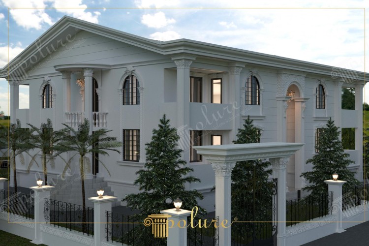 Design de fachada clássica e moderna em villa com detalhes em poliuretano <h2>Estilo clássico reinterpretado em villa moderna</h2><p>O projeto apresenta uma villa marcada pela presença de <strong>colunas</strong> altas e detalhadas, moldadas em <strong>poliuretano</strong> resistente que transmite sofisticação e durabilidade. As janelas arqueadas são emolduradas por frisos delicados que reforçam a verticalidade da edificação e ampliam a sensação de imponência.</p><p>As molduras decorativas e ornamentos nos capitéis lembram tradições da arquitetura antiga, com referências ao estilo <strong>coríntio</strong>. Esses elementos dialogam com superfícies lisas e linhas retas, criando um contraste harmonioso entre o <strong>clássico</strong> e o <strong>moderno</strong>.</p><p>A estrutura conserva um equilíbrio geométrico, onde cada detalhe – desde os arcos semicirculares até os balaústres – foi projetado para dar ritmo à fachada. No passado, colunas coríntias eram símbolo de grandiosidade na Grécia e Roma antigas, e aqui são reinterpretadas através de materiais contemporâneos.</p><p>A cor branca traz luminosidade e realce aos relevos ornamentais, reforçando o caráter sereno e elegante. O portão com ferro trabalhado e pórtico com detalhes texturizados emolduram a entrada principal, reforçando uma composição arquitetônica que alia tradição, inovação e estética refinada.</p><ul><li>Uso de polímeros decorativos de alta precisão</li><li>Integração de ornamentos clássicos e volumetria limpa</li><li>Harmonia entre tradição arquitetônica e linhas modernas</li></ul>
<p>Esta villa combina tradição e modernidade em sua composição. As colunas altas em <strong>poliuretano</strong> trazem imponência. Molduras e frisos detalhados reforçam o caráter ornamental. As janelas arqueadas proporcionam sofisticação. O branco predominante evidencia cada detalhe da superfície. O portão em ferro forjado adiciona elegância estrutural. O pórtico de entrada com <strong>ornamentos</strong> decorativos valoriza o estilo clássico. Os <strong>arcos</strong> criam ritmo visual equilibrado. A simetria organizada reforça a estética formal. Os capitéis inspirados no estilo <strong>coríntio</strong> evocam tradição. A integração com linhas modernas garante contemporaneidade. O uso de <strong>decoração</strong> em relevo cria profundidade visual. O paisagismo completa a composição da fachada. A iluminação nos postes integra charme noturno. Esse conjunto revela um design que honra herança e inovação. O resultado final é uma obra arquitetônica única e atemporal.</p>