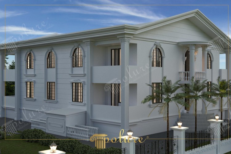 Facciate in poliuretano per ville e hotel con stile classico moderno <h2>Design classico moderno in poliuretano</h2><p>Il rivestimento in <strong>poliuretano</strong> consente di ottenere superfici che uniscono resistenza e raffinatezza. In questa villa, le colonne scanalate ispirate all’ordine ionico conferiscono imponenza ed equilibrio. Gli archi sopra le finestre richiamano gli stili storici, mentre i balconi lineari e le cornici sobrie introducono un linguaggio più <strong>moderno</strong>.</p><p>Le facciate presentano un’alternanza di motivi geometrici: cornici rettangolari a rilievo, archi arrotondati e balaustre scolpite. Questi dettagli donano un effetto tridimensionale e rendono viva la superficie. Il <strong>dettaglio decorativo</strong> intorno alle finestre mette in risalto l’equilibrio visivo tra pieni e vuoti.</p><p>L’impiego di <strong>elementi ornamentali</strong> in poliuretano non è solo estetico, ma garantisce leggerezza e durabilità contro gli agenti atmosferici. Un breve richiamo alla storia: già nell’antichità, colonne e cornici in pietra servivano a dare dignità agli edifici pubblici, e oggi materiali innovativi replicano quella funzione con maggiore flessibilità.</p><p>Il risultato complessivo definisce uno stile <strong>classico moderno</strong>, capace di integrare memoria storica e funzionalità contemporanea. L’atmosfera si completa con tonalità chiare che amplificano la luce naturale e conferiscono alla struttura un’eleganza sobria.</p><ul><li>Finestre ad arco con cornici elaborate</li><li>Balaustre con disegni regolari e simmetrici</li><li>Colonne scanalate con capitelli decorativi</li><li>Linee geometriche che creano equilibrio visivo</li></ul>

<p>Questa villa dimostra come il <strong>poliuretano</strong> offra soluzioni eleganti per hotel e residenze. Le facciate unite a colonne scanalate creano equilibrio visivo. Gli archi decorativi intorno alle finestre danno slancio verticale. Le balaustre scolpite introducono un dettaglio raffinato. Le geometrie rettangolari si alternano alle curve con armonia. Lo <strong>stile classico moderno</strong> valorizza sia il lusso che la funzionalità. Gli ornamenti ricordano le architetture antiche. I balconi lineari apportano un tratto contemporaneo. L’uso del <strong>materiale innovativo</strong> garantisce resistenza e leggerezza. Le tonalità neutre amplificano la luminosità. I dettagli volumetrici creano profondità. Il rivestimento assicura durabilità nel tempo. Il design unisce <strong>tradizione</strong> e innovazione. La composizione dei motivi è simmetrica ed equilibrata. Le eleganti facciate invitano a un senso di prestigio. L’insieme rappresenta un modello di decorazione esterna per strutture di lusso.</p>