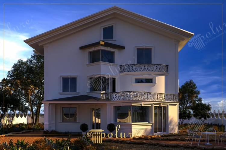 Villa moderna con dettagli in poliuretano e balconi decorativi classici <h2>Design architettonico con dettagli in poliuretano</h2><p>Il progetto di questa villa moderna mette in evidenza un raffinato dialogo tra semplicità delle forme e valorizzazione di elementi <strong>decorativi</strong>. La facciata bianca, lineare e luminosa, viene impreziosita da <strong>rilievi in poliuretano</strong> che conferiscono profondità e carattere agli spigoli e alle finestre. I balconi arrotondati si distinguono grazie a ringhiere in ferro battuto con intricate geometrie ispirate a motivi vegetali.</p><p>Il contrasto visivo tra la linearità delle finestre e la complessità delle ringhiere arricchisce l’effetto complessivo, dando vita a uno stile al contempo <strong>moderno</strong> e classico. La disposizione geometrica delle superfici principali, insieme a tratti stilizzati che richiamano antiche colonne classiche, dona solidità e armonia all’intero edificio. Non è raro trovare richiami storici nell’uso del poliuretano, che riprende soluzioni già presenti nelle architetture rinascimentali e barocche, adattandosi però ad esigenze tecniche contemporanee.</p><h2>Equilibrio estetico e funzionale</h2><p>Gli elementi in <strong>poliuretano</strong> non sono solo estetici, ma anche pratici: resistenti agli agenti atmosferici e leggeri da installare, permettono di combinare durata e bellezza. Le decorazioni sottili sulle cornici delle finestre e la presenza di colonne snelle al piano terra conferiscono un senso di verticalità e ordine. Le ringhiere dalle linee sinuose, realizzate con motivi intrecciati, contribuiscono a un’immagine elegante e ricca di dettagli visivi.</p><ul><li>Motivi floreali stilizzati nelle ringhiere</li><li>Colonne snelle che richiamano tradizioni classiche</li><li>Geometrie semplici rafforzate da cornici ornamentali</li><li>Armonia tra superfici lisce e dettagli tridimensionali</li></ul><p>L’insieme crea una villa che rispetta i principi della sobrietà moderna senza rinunciare alla raffinatezza dei dettagli artigianali, rendendola una residenza dall'aspetto unico e distintivo.</p>

<p>Questa villa moderna combina la purezza delle linee con dettagli in <strong>poliuretano</strong> che arricchiscono la facciata. Le ringhiere ornamentali presentano motivi curvilinei che evocano eleganza. I balconi arrotondati sono un elemento distintivo del design. La facciata bianca crea un contrasto luminoso con le decorazioni. Le cornici delle finestre sono valorizzate da applicazioni ornamentali. L’uso del <strong>poliuretano</strong> garantisce durata e leggerezza. Una combinazione di semplicità e raffinatezza caratterizza lo stile. Le colonne sottili al piano terra richiamano tradizioni classiche senza appesantire. I motivi floreali stilizzati arricchiscono le ringhiere. L’armonia tra superfici lisce e dettagli tridimensionali è ben evidente. Gli elementi decorativi hanno anche una funzione resistente agli agenti atmosferici. L’atmosfera complessiva suggerisce modernità elegante e sobria. La geometria semplice delle finestre equilibra l’insieme. L’uso della luce naturale esalta la profondità degli ornamenti. Questa sintesi tra <strong>moderno</strong> e classico rende la villa esteticamente unica.</p>