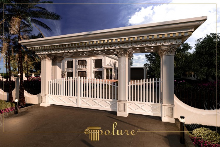 Eleganza classica con porte d'ingresso in poliuretano decorativo <h2>Stile classico e funzionalità moderna</h2><p>Le porte d'ingresso in <strong>poliuretano</strong> stanno diventando una soluzione ideale per chi desidera un connubio tra estetica e resistenza. In questo progetto, le ampie colonne scanalate con capitelli ricchi di <strong>motivi floreali</strong> e dettagli dorati enfatizzano l’armonia degli elementi architettonici tradizionali.</p><p>Il cancello bianco presenta pannelli a losanga e listelli verticali che creano un ritmo ordinato e visivamente leggero. Questo gioco di geometrie esalta l’eleganza classica e allo stesso tempo garantisce un ingresso sicuro.</p><h2>Decorazioni e riferimenti storici</h2><p>L’uso di capitelli scolpiti ricorda lo stile corinzio, noto per la sua ricchezza ornamentale. Questo approccio decorativo attribuisce all’ingresso un carattere monumentale, evocando la tradizione delle grandi architetture storiche pur restando fedele a materiali moderni.</p><ul><li>Colonne scanalate con capitelli dettagliati</li><li>Cornici e fregi con motivi dorati</li><li>Cancello con disegni a losanga geometrici</li><li>Funzionalità e durabilità del <strong>poliuretano</strong></li></ul><p>Grazie all’uso sapiente di <strong>decorazioni</strong> architettoniche e strutture solide, questo ingresso risponde sia al desiderio estetico che alle esigenze pratiche delle abitazioni contemporanee.</p>
<p>Le porte in <strong>poliuretano</strong> offrono un equilibrio tra estetica classica e resistenza moderna. Le colonne scanalate con capitelli sono un richiamo al linguaggio architettonico tradizionale. I <strong>motivi floreali</strong> scolpiti aggiungono eleganza e raffinatezza. La presenza di dorature discrete illumina i dettagli decorativi. Il cancello bianco con geometrie a losanga valorizza la simmetria della struttura. Le stecche verticali garantiscono leggerezza visiva e sicurezza funzionale. La solidità del <strong>poliuretano</strong> permette un uso duraturo anche in esterno. L'insieme delle decorazioni conferisce imponenza alla residenza. Il design classico è reinterpretato in chiave attuale. Le proporzioni equilibrate creano armonia estetica. La scelta di motivi geometrici esprime ordine e rigore. La combinazione di materiali e decorazione garantisce durevolezza. I riferimenti storici arricchiscono l’identità architettonica. L’ingresso diventa fulcro visivo e simbolico della casa. Questo stile coniuga bellezza e funzionalità senza compromessi.</p>