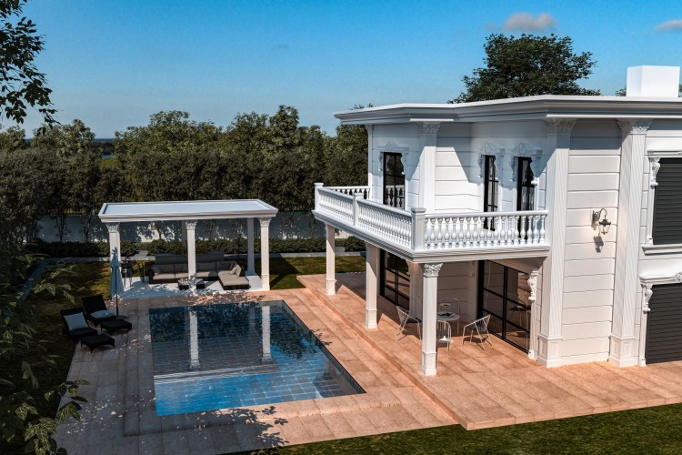Elegant Classical Villa Design with Polyurethane Details and Luxurious Outdoor Harmony <h2>Classical Elegance Interpreted with Polyurethane</h2><p>The villa exterior demonstrates an exquisite balance of classical symmetry and contemporary adaptation, with <strong>polyurethane</strong> decorative components shaping the façade. Columns with ornate capitals, relief motifs above the windows, and the continuous paneling create a rhythm that elevates the aesthetic while maintaining durability against the elements.</p><p>The balcony balustrade showcases finely detailed <strong>geometric motifs</strong> that evoke neoclassical elegance. The white façade is divided with linear grooves that emphasize proportion and vertical orientation, while the soft curves of Corinthian-inspired capitals introduce refinement and traditional continuity.</p><h2>Outdoor Living and Luxurious Harmony</h2><p>The poolside area uses pale stone tiles arranged in precisely cut rectangles, reflecting the villa’s structured approach to form. The water acts as a mirror, enhancing the façade’s decorative harmony. Adjacent to the pool, a pergola with four classical columns offers shaded comfort and balances the open geometry of the patio.</p><p>Historically, Corinthian detailing emerged in ancient Greece and spread through Roman architecture, bringing ornate vitality to grand structures. This villa reinterprets these motifs through durable modern materials, blending history with practicality.</p><h2>Design Details and Finishing Touches</h2><p>The light exterior reinforces the impression of spaciousness, while <strong>ornamental reliefs</strong> around windows add visual intricacy. Subtle yet bold <strong>classical columns</strong> stand as structural markers, giving rhythm to the volume. The contrast between solid planes and delicate curvature highlights both strength and elegance.</p><ul><li>Polyurethane capitals with detailed foliage motifs</li><li>Balustrades that ensure rhythmic unity</li><li>Stone-tiled patio for geometric order</li><li>Shaded pergola creating outdoor balance</li></ul><p>This villa seamlessly merges tradition, durability, and luxury into a cohesive design that stands as both aesthetically timeless and functionally modern.</p>
<p>This villa depicts a harmonious combination of timeless elegance and modern comfort. The façade is enriched with <strong>polyurethane</strong> elements that reproduce historical decorative details. Refined <strong>columns</strong> with traditional capitals introduce rhythm and distinction. The <strong>balustrade</strong> on the balcony enhances vertical geometry while adding lightness. Subtle linear grooves across the white frontage create a structured appeal. The patio showcases stone tiles cut with symmetry and precision. Water reflections from the pool reinforce the sense of balance within the garden composition. The shaded pergola introduces relaxation spaces with classical charm. Intricate window reliefs strengthen the building’s ornamental language. Each geometric motif balances simplicity with refinement. Durable materials ensure long-lasting appeal without sacrificing detail. Proportional harmony recalls neoclassical inspirations. Indoor and outdoor transitions remain visually balanced. Outdoor furniture complements the elegant setting. Historical references are translated through modern construction. Overall, the design delivers restrained grandeur with lasting sophistication.</p>