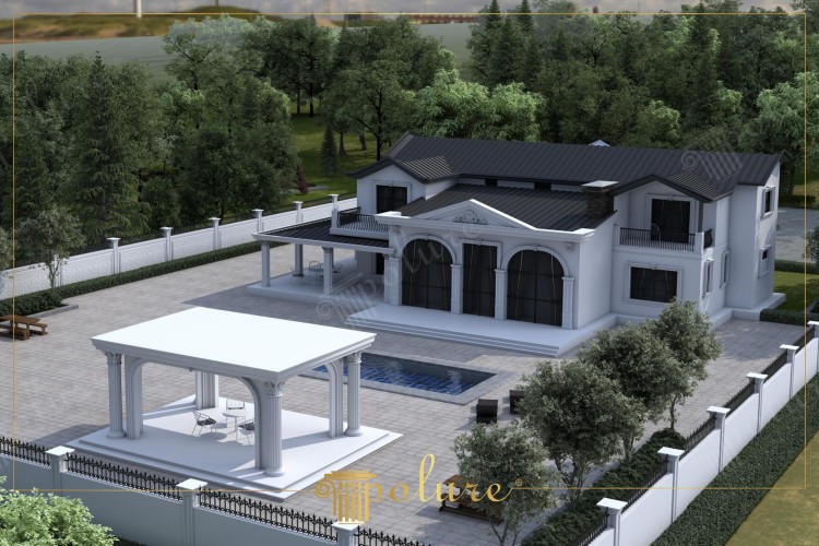 Villa clásica con detalles de poliuretano y columnas ornamentales <h2>Elegancia clásica en villas de poliuretano</h2><p>El diseño exterior de esta villa se caracteriza por el uso de <strong>poliuretano</strong>, material que permite integrar molduras ligeras y resistentes, logrando un acabado refinado. La fachada frontal destaca con arcos monumentales y columnas estilizadas que conforman un ritmo visual equilibrado. Cada arco está enmarcado por molduras que generan juegos de luz y sombra, aportando profundidad y dinamismo.</p><p>En el pabellón independiente, las columnas con capiteles ornamentados recuerdan la herencia del orden <strong>corintio</strong>, presente en la arquitectura clásica griega y romana. Estos capiteles están decorados con relieves vegetales que aportan riqueza simbólica y sofisticación estética. La simetría del conjunto otorga una sensación de armonía y proporción difícil de igualar.</p><p>El pavimento en piedra clara contrasta con el volumen sobrio de la vivienda, creando una transición fluida hacia la piscina. El diseño geométrico del entorno y los <strong>motivos decorativos</strong> de las molduras enriquecen la composición, reforzando la atmósfera de lujo discreto. Además, la pérgola con <strong>columnas</strong> robustas y capiteles detallados funciona como espacio de reunión, ampliando las posibilidades de uso exterior.</p><p>Históricamente, los frontones y columnas han simbolizado poder y permanencia. Este proyecto retoma dicha tradición, pero con un <strong>estilo clásico</strong> reinterpretado en clave contemporánea, combinando confort moderno y elegancia eterna.</p>

<p>Esta villa clásica combina molduras de <strong>poliuretano</strong> con formas monumentales. La fachada frontal resalta con arcos amplios de proporción armoniosa. Las <strong>columnas</strong> estilizadas añaden ritmo visual al diseño. El pabellón independiente ofrece un espacio funcional con gran elegancia. Los capiteles inspirados en el orden <strong>corintio</strong> evocan tradición arquitectónica. La piscina rectangular se integra en un entorno luminoso. El pavimento claro contrasta con la fachada blanca. La organización simétrica otorga sensación de equilibrio. La decoración de relieves aporta sofisticación atemporal. El uso de geometría ornamental enriquece la vista exterior. La estructura refleja un lujo sobrio y elegante. Su material ligero mejora durabilidad y estética. El estilo clásico se adapta al confort contemporáneo. Detalles tradicionales conviven con innovación técnica. El conjunto transmite refinamiento y permanencia.</p>