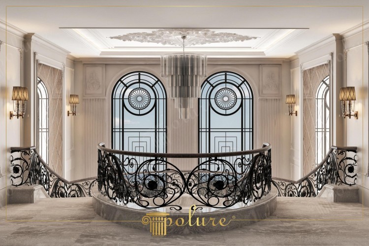 Poliuretaan klassiek interieurontwerp met elegante details en sierlijke motieven <h2>Klassieke elegantie in gang en hal</h2><p>Het ontwerp benadrukt de harmonie van klassiek interieur door de toepassing van <strong>poliuretaan</strong> elementen die zorgen voor duurzaamheid en esthetiek. Drie hoge ramen met geometrische cirkel- en lijnmotieven creëren een gevoel van ritme en symmetrie. De fijne verdeling van lijnen legt een subtiel verband tussen klassieke en moderne stijlen.</p><p>Het smeedijzeren traphek met weelderige krullen en florale <strong>ornamenten</strong> vormt een artistiek middelpunt. De zwarte contrastkleur versterkt de transparantie van de ruimte en accentueert de lichte marmeren vloer en muren.</p><p>De plafonddecoratie met klassieke stucmotieven en een moderne glazen kroonluchter laat de rijkdom van dubbele stijlinvloeden samenkomen. In de geschiedenis werden zulke plafonddetails toegepast in paleizen en herenhuizen, wat dit ontwerp een tijdloze allure geeft.</p><p>De wanden zijn voorzien van discrete panelen en warme <strong>wandlampen</strong> die de sfeer intiem en uitnodigend maken. De zachte beige tinten verlichten de donkere accenten en verbeteren de balans van het geheel.</p><ul><li><strong>Geometrische patronen</strong> in de ramen als architectonisch hoogtepunt</li><li>Klassieke en moderne stijl samengebracht in plafond en verlichting</li><li>Duurzame <strong>materialen</strong> die sfeer en functionaliteit combineren</li></ul>

<p>Dit klassieke ontwerp met <strong>poliuretaan</strong> elementen ademt elegantie en harmonie. De hoge ramen met cirkelvormige geometrie brengen balans in het interieur. Het zwart smeedijzeren traphek met florale <strong>ornamenten</strong> trekt onmiddellijk de aandacht. De plafonddecoratie in stucwerk geeft een historische grandeur. De moderne glazen kroonluchter voegt een hedendaagse nuance toe. De zachte beige tinten contrasteren met de donkere accenten. De warme <strong>wandlampen</strong> versterken de luxueuze sfeer. De compositie van lijnen en vormen wekt een gevoel van ritme. Het marmer op de vloer straalt duurzaamheid en stijl uit. De delicate muren zijn omlijst door verfijnde panelen. Het spel van licht en schaduw verhoogt de dramatiek van de ruimte. Historisch gezien verwijzen dergelijke details naar aristocratische interieurs. Het gebruik van duurzame <strong>materialen</strong> maakt dit tijdloos toepasbaar. Klassieke patronen geven extra diepte en verfijning. De combinatie van traditie en moderniteit maakt dit interieur bijzonder inspirerend.</p>