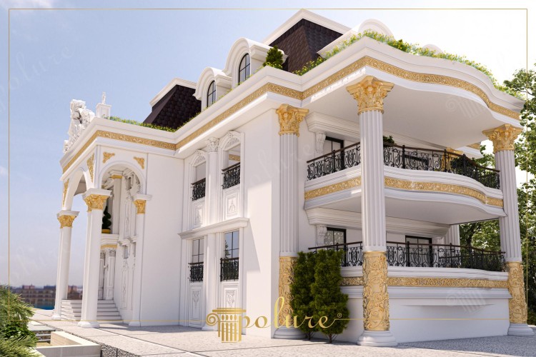 Elegancia clásica en villas con detalles de poliuretano dorado <h2>Villa clásica con detalles en poliuretano</h2><p>El diseño de esta villa se centra en la integración de <strong>columnas</strong> de orden corintio con capiteles dorados que transmiten majestuosidad y tradición. Las molduras y cornisas de <strong>poliuretano</strong> reproducen con detalle las geometrías barrocas y neoclásicas, otorgando un acabado refinado y resistente.</p><p>En los balcones, las formas curvas están acentuadas por barandillas de hierro forjado con elegantes motivos y franjas decorativas en relieve dorado que contrastan con el blanco puro de la fachada. La armonía entre luz, sombra y textura genera un juego visual destacando cada <strong>ornamento</strong>.</p><h2>Detalles arquitectónicos</h2><p>El tejado inclinado incorpora ventanas abuhardilladas que refuerzan la estética aristocrática de la villa. Los paneles geométricos, relieves florales y cenefas aportan riqueza visual. Históricamente, las columnas corintias eran símbolo de lujo y cultura helenística, y aquí se reinterpretan en una composición moderna con materiales duraderos.</p><ul><li><strong>Relieves dorados</strong> en capiteles y cornisas</li><li>Balcones con barandillas de hierro ornamentado</li><li>Molduras clásicas de <strong>poliuretano</strong> resistentes al clima</li><li>Detalles inspirados en simetría neoclásica</li></ul><p>La aplicación de estos elementos convierte la residencia en una pieza arquitectónica que fusiona historia y modernidad, logrando una atmósfera de <strong>elegancia</strong> atemporal.</p>
<p>Este proyecto de villa combina el estilo clásico con innovación contemporánea. Las <strong>columnas</strong> corintias destacan con capiteles dorados detallados. Los balcones curvos están realzados con <strong>ornamentos</strong> metálicos decorativos. Los relieves en <strong>poliuretano</strong> aportan durabilidad y finura estética. La simetría de la fachada transmite armonía visual. Las molduras en dorado enmarcan cada nivel con precisión. Los juegos de sombra refuerzan la sensación de grandeza. Las ventanas abuhardilladas ofrecen un aire aristocrático. Los detalles geométricos generan dinamismo arquitectónico. Las texturas blancas contrastan con los tonos dorados. El diseño integra tradición y modernidad. La composición se inspira en la estética neoclásica. La elección de materiales garantiza resistencia climática. La decoración con relieves aporta personalidad singular. En conjunto, la villa representa un modelo de <strong>elegancia</strong> atemporal.</p>