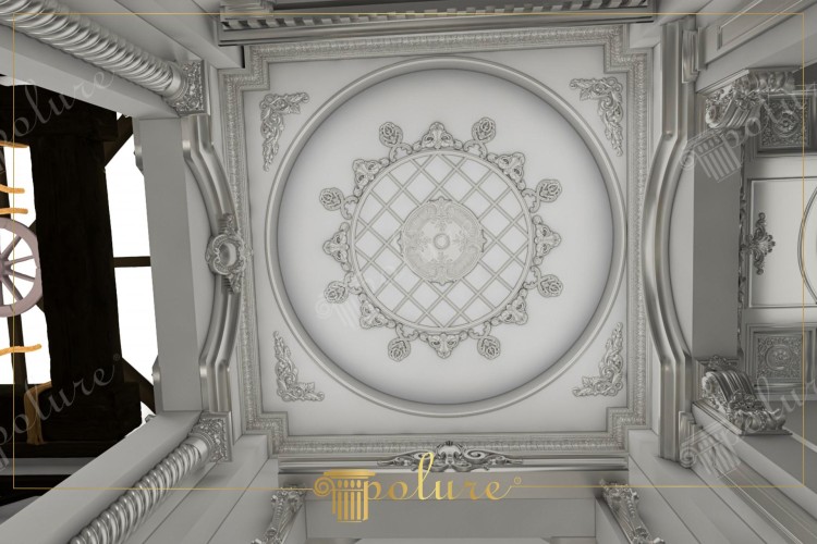 Timeless Polyurethane Classic Ceiling Design with Ornamental Motifs <h2>Polyurethane Classic Ceiling Elegance</h2><p>This ceiling design is a striking example of <strong>polyurethane</strong> craftsmanship applied to interior architecture. At the heart lies a circular medallion with a lattice pattern, framed by ornate scrolls and rose-like motifs that reflect a distinctly <strong>classical</strong> character. Surrounding the center, the ceiling incorporates strong geometric outlines, corner embellishments, and crown molding profiles, adding a sense of layered depth and symmetry.</p><p>The rectangular framing around the circle features precise <strong>ornamental patterns</strong> that emphasize balance and detail. The design combines floral expressions with linear geometry, creating visual harmony while revealing handmade artistry. The choice of silver-toned highlights enhances relief shadows, making the intricate carvings more vivid and elegant.</p><p>Historically, ornamental ceilings with central medallions date back to Renaissance and Baroque influences, when artisans employed plaster and wood carvings to emphasize status and refinement. Today, modern <strong>polyurethane</strong> technology offers the same grandeur with improved resilience, lightness, and easier installation.</p><p>This design is ideal for spaces aiming to achieve a <strong>luxurious</strong> atmosphere. It works beautifully in offices, formal residences, hotels, or galleries where classical aesthetic elements are appreciated. Besides beauty, polyurethane ensures durability against humidity and cracking, keeping the details intact over time.</p><ul><li>Central medallion with lattice and floral motifs</li><li>Corner scrolls and decorative frames for symmetry</li><li>Silver-grey finish accentuating fine details</li><li>Polyurethane material for lasting quality</li></ul><p>Combining tradition with technology, this ceiling exemplifies how <strong>decorative</strong> elements can elevate an interior into a timeless classical environment.</p>

<p>This polyurethane ceiling design demonstrates timeless artistry through geometric precision and ornamental detail. The central medallion features a lattice network surrounded by floral ornaments that showcase refined craftsmanship. Decorative corner scrolls add elegant continuity across the framed sections. A silver-toned finish highlights the intricacy of the carved relief patterns. This design reflects classical influences while using modern durable materials. The interplay of geometry and organic curves produces balanced harmony. Polyurethane ensures resilience and easy installation compared to traditional plaster. The style is ideal for offices, residences, or luxury venues seeking sophistication. Historically inspired motifs bring cultural depth to interiors. The three-dimensional relief work enhances both shadows and visual richness. Symmetrical arrangement emphasizes structured elegance in the space. Modular construction allows flexibility in application and expansion. The detailing makes it adaptable for restoration or new high-end projects. As a result, this ceiling offers both ornamental value and practical longevity. It stands as an exemplary model of decorative <strong>polyurethane</strong> ceiling design.</p>