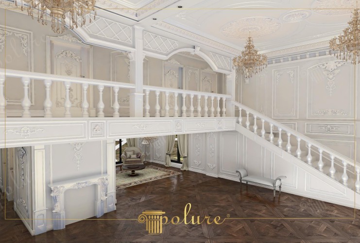 Elegante klassieke villa interieurs met polyurethaan details en verfijnde ornamenten <h2>Klassieke charme in een verfijnd interieur</h2><p>De getoonde villa ademt een gevoel van luxe dankzij de toepassing van <strong>polyurethaan</strong> elementen die naadloos samengaan met de traditionele ontwerpprincipes. De wandpanelen zijn voorzien van sierlijke <strong>ornamenten</strong> en subtiele reliëfs die refereren aan barokke en neoklassieke stijlen.</p><p>Het plafond wordt gedomineerd door ronde rozetten en symmetrische geometrische patronen die de kroonluchters perfect omlijsten. Deze rijke details maken de ruimte niet enkel visueel aantrekkelijk, maar brengen ook een historische dimensie met zich mee. Historisch gezien werden dergelijke plafonddetails veel gebruikt in de <strong>klassieke villa</strong> architectuur om status en elegantie uit te stralen.</p><h2>Trap en balustrade als centrale blikvanger</h2><p>De trap en bijbehorende <strong>balustrade</strong> vormen een harmonieus middelpunt. De ritmisch geplaatste gedraaide stijlen geven een sculpturale kwaliteit aan het interieur en zorgen voor een dynamisch lijnenspel dat zowel balans als beweging uitstraalt.</p><h2>Materialen en sfeer</h2><p>De combinatie van lichte crème- en ivoortinten met de donkere houten vloer zorgt voor een warme en verfijnde ambiance. De contrastwerking benadrukt de details in het houtwerk en de ornamenten, waardoor de ruimte uitnodigt tot elegant wonen en ontvangen.</p><ul><li>Sierlijke wandpanelen met polyurethaan details</li><li>Verfijnde plafonddetails met rozetten en geometrie</li><li>Elegante balustrade met gedraaide stijlen</li><li>Kristallen kroonluchters als kroon op de ruimte</li></ul>
<p>Dit klassieke interieur combineert <strong>polyurethaan</strong> details met tijdloze elegantie. De ruimte wordt gekenmerkt door sierlijke wandpanelen die de muren een verfijnde uitstraling geven. Het plafond toont zorgvuldig vormgegeven rozetten en geometrische decoraties. De kristallen kroonluchters versterken de luxueuze uitstraling. De donkere houten vloer biedt een contrasterende basis die warmte toevoegt. De trap en <strong>balustrade</strong> creëren een ritmische en harmonieuze verdeling in de ruimte. De gedraaide vormen benadrukken traditioneel vakmanschap. Door de lichte ivoortinten ontstaat een gevoel van openheid. Het interieur ademt klasse en verfijning. Historische invloeden zijn subtiel verwerkt. De compositie benadrukt harmonie tussen structuur en ornament. Elk detail draagt bij aan de tijdloze stijl. De combinatie van klassiek en duurzaam materiaalgebruik maakt de ruimte bijzonder. Dit ontwerp illustreert een perfecte balans tussen esthetiek en praktische toepasbaarheid. De villa blijft zo een voorbeeld van <strong>klassiek</strong> wooncomfort.</p>