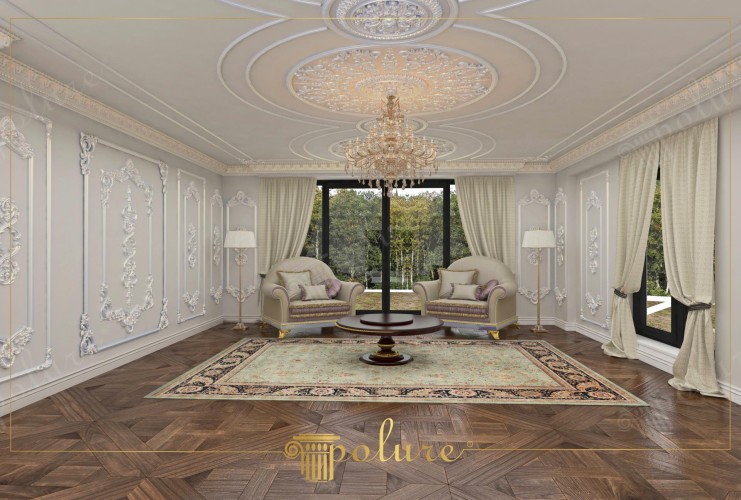 Polyurethaan klassieke villa interieur met sierlijke patronen en luxe details <h2>Klassieke elegantie en verfijnde details</h2><p>Dit klassieke villa-interieur benadrukt de rijkdom van <strong>polyurethaan</strong> ornamenten in zowel wanden als plafond. De delicate wandpanelen zijn voorzien van florale en barokke reliëfs die een gevoel van tijdloze elegantie scheppen.</p><p>Het plafond wordt verfraaid door een indrukwekkende centrale rozet, samengesteld uit cirkels en sierlijke bloemmotieven, waaruit een kristallen <strong>kroonluchter</strong> schitterend naar beneden hangt. Deze combinatie brengt een samenspel van licht en reflectie dat het hele vertrek royaal verlicht.</p><p>De vloer toont een rijk <strong>parketpatroon</strong> in donkere houttinten, waarin ruit- en visgraatmotieven een klassieke basis vormen. Daarboven ligt een tapijt met fijn geweven geometrische en florale figuren, wat de sfeer compleet maakt.</p><h2>Historische aanraking en vorstelijke uitstraling</h2><p>De stijl van het interieur grijpt terug naar Europese villa’s uit de 18e en 19e eeuw, toen sierlijsten en <strong>ornamenten</strong> een belangrijk onderdeel waren van de interieurarchitectuur. De symmetrie en balans in de compositie zorgen voor een harmonieuze en vorstelijke uitstraling.</p><p>Zware, lichtgekleurde gordijnen omlijsten de grote ramen en laten natuurlijk licht overvloedig binnenstromen, terwijl klassieke fauteuils en tafels de ruimte vervolledigen. Het samenspel van kleuren, geometrische vormen, reliëf en materialen doet elk element perfect tot zijn recht komen.</p>
<p>Dit klassieke villa-interieur straalt verfijning uit. De muren zijn rijkelijk versierd met polyurethaan decoraties. Het plafond bevat een elegante rozet. Daaruit schittert een kristallen kroonluchter. Wandpanelen tonen barokke reliëfs. De vloer bestaat uit donker parket. Het parket heeft geometrische patronen. Een groot tapijt benadrukt de centrale zone. Het tapijt bevat florale en oosterse motieven. De stoffering van de meubels straalt luxe uit. Gordijnen benadrukken de hoogte van de ramen. De sfeer is harmonieus en vorstelijk. Deze ruimte combineert traditie met comfort. Reliëfs en ornamenten versterken de symmetrie. Het resultaat is een interieur vol klassieke schoonheid.</p>