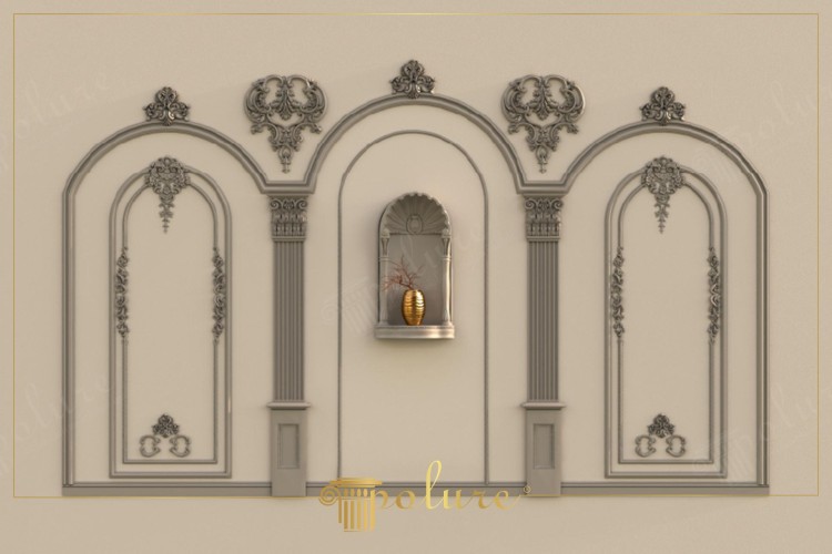 Poliuretanowe listwy ścienne w klasycznym wnętrzu z ornamentami <h2>Elegancja klasycznych paneli ściennych</h2><p>Listwy wykonane z <strong>poliuretanu</strong> umożliwiają tworzenie przestrzeni, które łączą trwałość materiału ze szlachetną estetyką. Na przedstawionej kompozycji widać trzy charakterystyczne łuki, w których umieszczono ozdobne kolumny i filary. Każdy detal – od kanelowanych żłobień po misternie zdobione zwieńczenia – wskazuje na inspiracje sztuką klasyczną.</p><p>W centralnym łuku znajduje się nisza z półokrągłym sklepieniem przypominającym muszlę. Takie rozwiązania architektoniczne były popularne już w starożytnym Rzymie, gdzie nisze służyły jako miejsce na posągi i dekoracyjne elementy. W tym przypadku stanowi ona eleganckie tło dla złotego wazonu, który podkreśla <strong>symetrię</strong> i <strong>estetykę</strong> wnętrza.</p><h2>Szczegóły ornamentów</h2><p>W górnych partiach znajdują się dekoracje oparte na motywach roślinnych i akantowych, układające się w płynne, dekoracyjne arabeski. Precyzyjnie kształtowane <strong>ornamenty</strong> nadają całości głębi i elegancji. Dodatkowe kompozycje geometryczne, takie jak powtarzalne prostokątne pola i obramowania, wzmacniają rytm i organizację przestrzeni, co sprawia, że całość jest spójna i harmonijna.</p><p>Połączenie <strong>klasyki</strong> i nowoczesnego materiału pozwala wzbogacić wnętrze w trwałe i jednocześnie lekkie elementy dekoracyjne, które przyciągają uwagę, a zarazem pozostają odporne na uszkodzenia. Dzięki temu takie wykończenie ścian idealnie pasuje do eleganckich salonów, holi i przestrzeni reprezentacyjnych.</p>

<p>Listwy poliuretanowe w klasycznym wnętrzu oferują trwałość i elegancję. Dekoracyjne łuki nadają przestrzeni szlachetnego charakteru. Centralna nisza z muszlowym sklepieniem przywołuje historyczne inspiracje. Złoty wazon dodaje kompozycji luksusu. Ornamenty roślinne podkreślają wyrafinowany styl. Symetryczne układy sprawiają, że całość jest harmonijna. Filary z kanelowaniem nawiązują do tradycji architektonicznych. Poliuretan jako materiał gwarantuje lekkość i odporność. Klasyczne zdobienia podnoszą estetyczną wartość wnętrza. Misternie opracowane detale przyciągają wzrok. Geometryczne obramowania wzmacniają rytm aranżacji. Dekoracyjne akanty kojarzą się z barokową finezją. Styl taki pasuje do eleganckich salonów i gabinetów. Połączenie klasyki i nowoczesności buduje wyjątkowy klimat. Takie rozwiązania aranżacyjne stanowią inwestycję w piękną przestrzeń.</p>