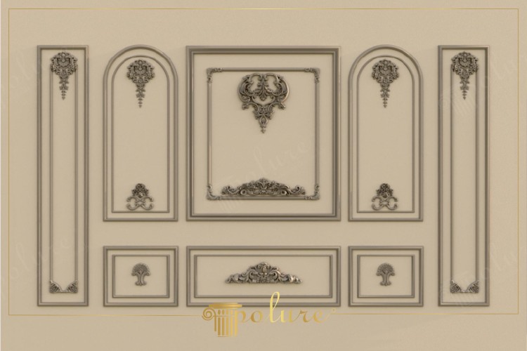 Poliuretanowe listwy ścienne z klasycznymi zdobieniami w eleganckim wnętrzu <h2>Klasyczna elegancja w dekoracji ścian</h2><p>Ozdobne panele wykonane z <strong>poliuretanu</strong> przedstawiają zestaw starannie ułożonych ramek o różnych kształtach – od prostokątnych po łukowe. Ornamenty w postaci roślinnych motywów i ornamentalnych aplikacji w kolorze patynowanego złota nadają całości ponadczasowy charakter.</p><p>Cała kompozycja utrzymana jest w harmonijnym beżowym tle, które podkreśla <strong>klasyczne</strong> linie i bogactwo dekoracyjnych detali. Symetria układu przywodzi na myśl tradycję architektury pałacowej i wnętrz w stylu <strong>neoklasycznym</strong>, a dzięki użytemu materiałowi można ją zastosować w nowoczesnych aranżacjach.</p><h2>Historia i inspiracje</h2><p>Formy dekoracyjne inspirowane są ornamentyką stosowaną już w epoce baroku i klasycyzmu, gdzie motywy roślinne i zgeometryzowane ramy podkreślały prestiż wnętrz. Podobne zdobienia można znaleźć w pałacach europejskich, a ich współczesne wykonanie z trwałego materiału pozwala na łatwą adaptację w obecnych projektach.</p><ul><li><strong>Ornamenty</strong> w formie liści i roślinnych motywów</li><li><strong>Geometria</strong> prostokątnych i łukowych ramek</li><li>Spójna <strong>symetria</strong> kompozycji</li><li>Delikatne reliefy o <strong>dekoracyjnym</strong> charakterze</li></ul><p>Dzięki takim detalom ściany zyskują głębię i stają się centralnym punktem aranżacji, podnosząc poziom elegancji we wnętrzach mieszkalnych i reprezentacyjnych.</p>

<p>Panele poliuretanowe to nowoczesny sposób na elegancką dekorację ścian. Ich klasyczne kształty sprawiają, że wnętrze nabiera ponadczasowego uroku. Bogate zdobienia roślinne nadają im wyjątkową głębię. Geometryczne ramy podkreślają harmonię kompozycji. Kolor patynowanego złota tworzy kontrast z beżowym tłem. Symetryczny układ zapewnia wrażenie porządku. Takie panele pasują do stylu <strong>klasycznego</strong>. Jednocześnie sprawdzą się w nowoczesnych aranżacjach. Reliefy tworzą wyraźny efekt plastyczny. Ornamenty w formie liści przyciągają wzrok. Trwałość <strong>poliuretanu</strong> czyni je praktycznymi. Łukowe formy dodają miękkości kompozycji. Prostokątne ramy zapewniają wyrazistość. Styl <strong>neoklasyczny</strong> przenika się tu z nowoczesnością. Takie panele wprowadzają do wnętrza <strong>symetrię</strong> i harmonię.</p>