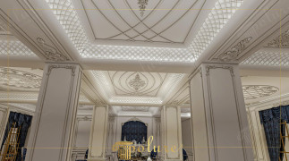Classic Wedding Hall Interior with Polyurethane Ceiling and Column Details