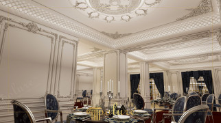 Elegante klassische Hochzeitssaalgestaltung mit Polyurethan-Details Klassische Polyurethan-InnenarchitekturDie Gestaltung dieses Hochzeitssaals ist geprägt von reich verzierten Polyurethan-Elemente