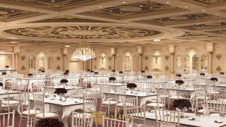 Modern Classic Wedding Hall Design with Ornamental Ceiling and Elegant Furnishings