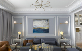 Modern Classic Living Room with Polyurethane Elegance and Geometric Wall Motifs