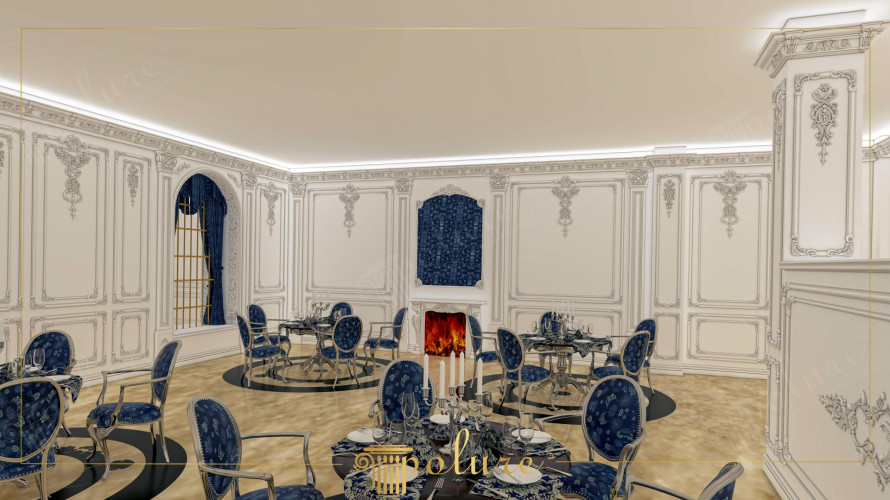 Klassische Hochzeitssaaldekoration mit Polyurethan und edlen Ornamenten <h2>Elegante Gestaltung mit Polyurethan und zeitloser Klassik</h2><p>Die Dekoration des Hochzeitssaals setzt auf edle <strong>Polyurethan</strong>-Verzierungen, die in filigranen Reliefs an den Wänden erscheinen. Diese detaillierten Ornamente schaffen eine Anmutung, die stark vom <strong>klassischen</strong> Barock und Rokoko inspiriert ist. Säulen mit aufwendigen Kapitellen, kunstvoll gerahmte Paneele und fein ausgearbeitete Profile sorgen für eine luxuriöse Atmosphäre.</p><p>Das dominierende Farbschema ist ein weiches Cremeweiß, das durch königsblau gemusterte Textilien ergänzt wird. Stühle mit reich ornamentierten Bezügen, schwere Vorhänge und Wandnischen in demselben Blau bilden einen kontrastreichen Akzent. Ein dekorativer Kamin in der Mitte des Raumes verstärkt die festliche Wirkung und trägt sowohl zum visuellen Zentrum als auch zur symbolischen Wärme des Raumes bei.</p><h2>Historische Inspiration und festliche Wirkung</h2><p>Viele Gestaltungselemente greifen auf klassische architektonische Traditionen zurück: filigrane Ornamentbänder, blattförmige Motive und Reliefverzierungen, die den Stil des 18. Jahrhunderts reflektieren. Solche Details entstammen alten Handwerkskünsten, die Festhallen und Paläste prägten. Im modernen Kontext wird dies durch langlebiges <strong>Polyurethan</strong>-Material umgesetzt, das nicht nur pflegeleicht, sondern auch anpassungsfähig ist.</p><ul><li>Reich verzierte Wandpaneele mit floralen Ornamenten</li><li>Säulen mit Kapitellen, die antike Anklänge haben</li><li>Königsblauer Stoff auf Polsterungen und Vorhängen</li><li>Runde Tische mit dunklem Glas und Kerzenleuchtern</li></ul><p>Diese <strong>Hochzeitssaaldekoration</strong> verbindet Eleganz, Symbolkraft und handwerkliches Detail, wodurch ein Ambiente entsteht, das sowohl festlich als auch zeitlos wirkt.</p>
<p>Dieser Hochzeitssaal mit <strong>klassischer</strong> Gestaltung vereint edle Ornamente und sorgfältige Details. Raffinierte <strong>Polyurethan</strong>-Verzierungen kleiden die Wände in reliefartige Strukturen. Die cremefarbenen Oberflächen harmonieren mit königsblauen Stoffen. Elegante Vorhänge und Stuhlpolster verstärken die festliche Wirkung. Ein dekorativer Kamin dient als zentrales Gestaltungselement. Säulen mit ornamentalen Kapitellen erinnern an historische Bauweisen. Florale Muster betonen den dekorativen Reichtum. Runde Tische mit Glasplatten ergänzen das luxuriöse Ambiente. Ein Mix aus Harmonie und Kontrast prägt die Atmosphäre. Barocke und rokokoartige Einflüsse sind subtil fühlbar. Die Materialwahl sorgt für Langlebigkeit und Glanz. Licht- und Farbgestaltung verstärken die Tiefe des Raumes. Kerzenleuchter auf festlich gedeckten Tischen unterstreichen den Anlass. Jedes Detail wirkt sorgfältig komponiert. Damit entsteht eine <strong>Hochzeitssaaldekoration</strong>, die Eleganz und Geschichte in Einklang bringt.</p>