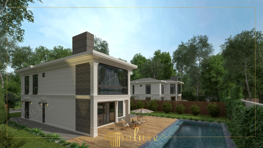 Villa moderna classica con dettagli in poliuretano e decorazioni eleganti <h2>Eleganza moderna con ispirazioni classiche</h2><p>Il progetto evidenzia una combinazione tra elementi architettonici classici e linee moderne attraverso l’uso del <strong>poliuretano</strong>, materiale versatile che consente dettagli decorativi raffinati nelle cornici, nei capitelli e nelle rifiniture. La struttura sfrutta contrasti cromatici tra superfici chiare e rivestimenti scuri a trama minuta che creano profondità visiva.</p><p>L’ampia vetrata frontale dona trasparenza e un collegamento visivo con gli spazi esterni, mentre i pannelli rivestiti richiamano la solidità della pietra. L’utilizzo di <strong>colonne</strong> cilindriche con capitelli decorati rimanda a uno stile storico, con richiami alle proporzioni doriche ma adattati a un linguaggio contemporaneo. In epoca antica, tali soluzioni erano impiegate per conferire monumentalità, oggi reinterpretate con materiali leggeri.</p><h2>Armonia tra esterno e natura</h2><p>Il giardino e la piscina rettangolare amplificano l’idea di comfort moderno, completati da una pavimentazione in legno che introduce calore materico nella composizione. Gli arredi minimalisti creano equilibrio e si sposano con la facciata elegante. La scelta di dettagli in <strong>decorazione classica</strong> e superfici geometriche contribuisce a una residenza dall’effetto scenico ma accogliente.</p><p>Le <strong>geometrie</strong> nette delle cornici e la ripetizione dei moduli verticali danno ritmo alla facciata, mentre i contrasti materici tra poliuretano e rivestimento testurizzato garantiscono durata e leggerezza visiva. Questo stile si rivela ideale per chi desidera unire modernità e tradizione in un’unica soluzione abitativa.</p><h2>Soluzioni estetiche e funzionali</h2><ul><li>Ampie superfici vetrate per luminosità interna.</li><li>Dettagli in <strong>poliuretano</strong> resistenti e raffinati.</li><li>Piscina lineare per continuità visiva e relax.</li><li>Proporzioni classiche reinterpretate in chiave moderna.</li></ul>

<p>La villa combina linee moderne e dettagli classici. L’uso del <strong>poliuretano</strong> conferisce eleganza e durata. Le colonne con capitelli decorati evocano tradizioni storiche. La facciata gioca con contrasti tra bianco e texture scura. Ampie vetrate creano trasparenza e continuità con l’esterno. La terrazza in legno introduce calore naturale. Una piscina rettangolare completa l’ambiente rilassante. Le <strong>geometrie</strong> nette aggiungono ritmo alla composizione. Gli elementi decorativi rimandano a uno stile senza tempo. Le superfici in rilievo offrono dinamicità visiva. Il <strong>design</strong> bilancia sobrietà e raffinatezza. La scelta dei materiali accentua funzionalità ed estetica. La <strong>decorazione</strong> classica si fonde con la modernità. L’armonia con la natura esterna valorizza la struttura. Questa villa rappresenta una sintesi di tradizione e innovazione.</p>