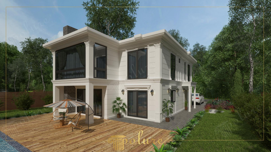 Moderne klassieke villa met polyurethaan gevel en verfijnde details <h2>Moderne klassieke villa met polyurethaan buitengevel</h2><p>Deze villa is een voorbeeld van hoe <strong>polyurethaan</strong> kan worden toegepast om een duurzame en toch esthetische gevel te realiseren. De gevel wordt gevormd door elegante zuilen en fijne lijstwerken die de klassieke traditie oproepen, terwijl de structuur modern en uitnodigend blijft.</p><p>Het samenspel van <strong>geometrische patronen</strong> in de gevelbekleding en de zorgvuldig geplaatste raamomlijstingen benadrukt het evenwicht tussen symmetrie en functionaliteit. De houten terrassen creëren een warme overgang naar de buitenruimte en geven een natuurlijke sfeer naast de <strong>klassieke elementen</strong> van het huis.</p><p>Decoratieve details, zoals de kapitelen die aan de Dorische traditie doen denken, verwijzen naar de geschiedenis van architectuur, waar polyurethaan tegenwoordig een modern alternatief biedt voor steen en stucwerk. Samen met de grote ramen, zorgen deze elementen voor een frisse combinatie van klassieke uitstraling en hedendaags comfort.</p><ul><li><strong>Zuilen</strong> met verfijnde ribbels en ornamenten</li><li>Harmonisch gebruik van <strong>lichte gevelbekleding</strong></li><li>Grote ramen die het interieur met licht vullen</li><li>Een terras met houtstructuur dat warmte toevoegt aan het ontwerp</li></ul><p>Het resultaat is een villa die evenwicht vindt tussen modern wonen en het sierlijke karakter van klassieke architectuur.</p>

<p>Deze villa presenteert zich als een perfecte samensmelting van modern en klassiek design. Het gebruik van <strong>polyurethaan</strong> in de buitengevel levert duurzaamheid en verfijnde detaillering. Grote ramen geven de woning een open en lichte uitstraling. De houten terrasvloer benadrukt een warme en uitnodigende sfeer. Klassieke zuilen met kapitelen zorgen voor een statig karakter. Het samenspel van <strong>geometrische patronen</strong> en symmetrische lijnen creëert harmonie. Subtiele decoratieve details versterken de esthetiek zonder overdaad. De lichte gevelkleuren contrasteren elegant met de donkere raampartijen. Het terras vormt een natuurlijke overgang met de tuin. Historische verwijzingen naar klassieke stijlen krijgen een hedendaagse interpretatie. De balans tussen functionaliteit en decoratie blijft behouden. De toegepaste materialen zijn zowel onderhoudsvriendelijk als stijlvol. <strong>Klassieke elementen</strong> worden opnieuw uitgevonden in een modern kader. Groenvoorziening in de omgeving versterkt de esthetiek van het ontwerp. Het resultaat is een villa die elegantie en wooncomfort volledig combineert.</p>