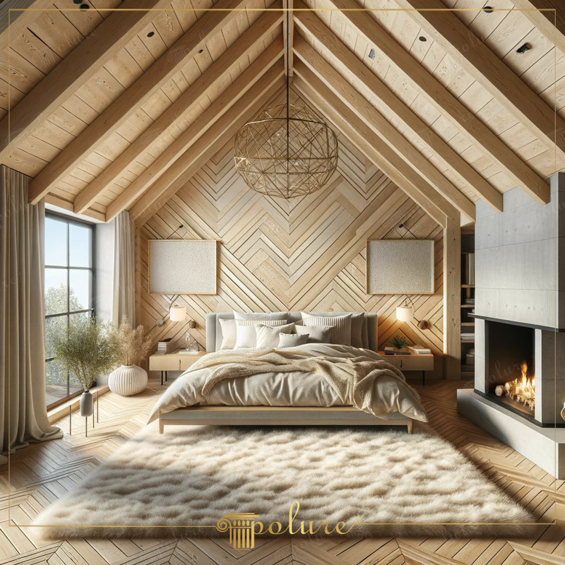 Modern Rustic Bedroom with Polyurethane Beams and Geometric Wood Patterns
