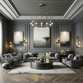 Moderne klassieke woonkamer met polyurethaan sierlijsten en geometrische elegantie Geometrische charme in modern-klassieke stijlDe woonkamer onderscheidt zich door zijn polyurethaan lijsten die zowel op d