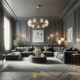 Elegante moderne klassieke woonkamer met polyurethaan lijsten en verfijnde details Modern-klassieke harmonie met polyurethaan detailsDe woonkamer is een verfijnde combinatie van moderne eenvoud en klassieke verfijning, ui