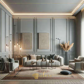 Moderne klassieke woonkamer met polyurethaan wand- en plafondlijsten Moderne klassieke woonkamerstijlDeze woonkamer straalt een verfijnde balans uit tussen klassiek en modern dankzij de toepassing van 