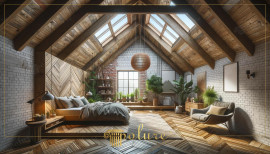 Loft slaapkamerdecoratie met rustieke polyurethaan balken en klassiek karakter Rustieke loft met polyurethaan balkenDeze slaapkamer straalt warmte en stijl uit met de zichtbare houten balken, die dank