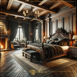 Dhomë gjumi rustike me korniza poliuretani dhe elemente klasike druri Dizajni rustik klasik me prekje moderneKjo dhomë gjumi përfaqëson bashkimin e traditës me modernitetin, duke përdorur poliure