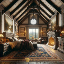 Rustykalna i klasyczna harmonia z poliuretanowymi belkami w sypialni Połączenie rustykalnych belek poliuretanowych z klasycznym szykiemSufit oparty na drewnopodobnych belkach poliuretanowych