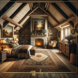 Rustykalna elegancja w sypialni z poliuretanowymi belkami i klasycznymi detalami Rustykalne wnętrze z nowoczesnym akcentemTa aranżacja sypialni opiera się na wyrazistych poliuretanowych belkach, któ