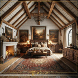Rustykalna sypialnia z poliuretanowymi belkami i klasycznym dywanem Rustykalna elegancja w nowoczesnym wydaniuPrezentowana sypialnia stanowi doskonały przykład, jak rustykalne i k