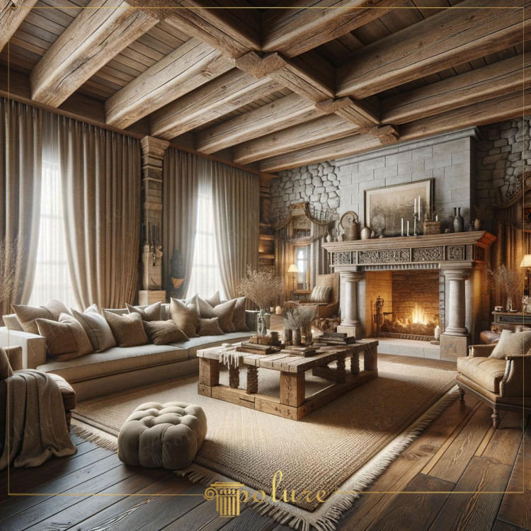 Polyurethane Rustic Classic Living Room with Fireplace and Timber Harmony <h2>Rustic and Classic Fusion in Living Room Design</h2><p>The design presents a balance between <strong>polyurethane</strong> detailing and raw natural textures. The ceiling beams made of <strong>timber</strong> are crafted to look authentic, delivering both strength and warmth. Their geometric repetition brings rhythm to the space while highlighting rustic authenticity.</p><p>The fireplace, which serves as the core of the living area, combines <strong>classic</strong> carved motifs with the raw appeal of stone blocks. Its moldings and ornate mantel reflect historic inspirations, echoing traditional craftsmanship seen in European architecture of the Renaissance era. The heavy stone texture contrasts with the smooth polyurethane applications, achieving a harmonious composition.</p><h2>Key Decorative Elements</h2><p>The coffee table, featuring bold wooden blocks and visible grain patterns, emphasizes the rustic mood. Its squared geometry adds balance to the floor layout, covered by a handwoven rug with fringed details at the edges. The surrounding furniture, including a plush sectional sofa and tufted pouf, introduces comfort through soft textures.</p><p>Heavier drapery in earthy tones frames tall windows, regulating light flow while enhancing the vertical geometry of the room. Cushions in various shades of beige and soft brown reinforce warmth and visual unity, while dried plants on the mantelpiece and table offer subtle natural decoration.</p><h2>Material and Motif Harmony</h2><p>Polyurethane beams and rustic stone cladding create a dialogue between contemporary resilience and historical design. The carved ornamentation of the fireplace mantel integrates classical motifs, lending an architectural richness to the scene. This interplay of <strong>fireplace</strong>, <strong>timber</strong>, and layered fabrics cultivates a space that merges rustic tradition with refined classical atmosphere.</p>

<p>This living room combines rustic timber texture with polyurethane precision to create a timeless interior. The exposed beams highlight authentic structure and add architectural rhythm to the ceiling. A carved stone fireplace anchors the room with warmth and classical charm. Intricate details of the mantel integrate historical motifs naturally into the design. The coffee table with visible grain brings sturdy elegance to the center of the room. A woven rug with fringed edges enhances tactile depth underfoot. Heavy curtains in earthy tones frame sunlight gently. Cushions in tonal variations soften the robust wooden lines. The tufted pouf adds both playfulness and comfort. Dried plants provide subtle seasonal decoration for balance. Historical resonance is felt in the carved mantel details. Polyurethane applications show resilience while complementing rustic elements. The harmony between <strong>fireplace</strong> stonework and <strong>timber</strong> beams is central to the theme. This interior merges <strong>classic</strong> elegance with relaxed rustic warmth. The resulting atmosphere is inviting, balanced, and richly layered.</p>