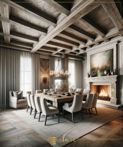 Sala clássica rústica com teto em poliuretano e detalhes arquitetônicos refinados <h2>Elegância rústica em harmonia clássica</h2><p>A sala apresenta um teto de poliuretano projetado para imitar madeira maciça, com vigas estruturais e padrões geométricos que conferem sofisticação ao ambiente. O desenho em formato de quadrículas destaca-se pela repetição harmoniosa, enquanto a textura reforça o estilo <strong>rústico</strong>.</p><p>No piso, o padrão em espinha de peixe adiciona movimento visual e faz eco aos desenhos do teto, criando uma composição integrada. O grande lustre de ferro com velas estilizadas complementa a atmosfera clássica, reforçada pela lareira de pedra trabalhada com molduras em relevo e detalhes que remetem a tradições arquitetônicas históricas. Este recurso lembra ornamentos do período renascentista, onde a pedra esculpida desempenhava um papel importante na arquitetura interior.</p><p>As cortinas longas e fluidas emolduram a sala, suavizando a geometria rígida do teto e do piso. A mesa central em madeira maciça e as cadeiras estofadas em tom neutro estabelecem equilíbrio entre a robustez do material natural e a leveza do mobiliário estofado. O resultado é um espaço que celebra o diálogo entre <strong>clássico</strong> e <strong>sofisticado</strong>, entre <strong>detalhes decorativos</strong> tradicionais e soluções funcionais contemporâneas.</p><p>Esse conjunto revela como o poliuretano pode assumir papel protagonista no design de interiores, oferecendo durabilidade e estética refinada, ao mesmo tempo em que proporciona calidez característica dos projetos de inspiração <strong>rusticidade</strong> autêntica.</p>

<p>Esta sala clássica combina teto de poliuretano com relevos complexos e um desenho geométrico impressionante. O padrão em grade reforça uma atmosfera de sofisticação atemporal. O piso em espinha de peixe ecoa o teto e cria continuidade visual. Um lustre em ferro estilizado complementa o caráter rústico com encanto clássico. A lareira com entalhes de pedra detalhada adiciona riqueza ornamental ao espaço. As cadeiras estofadas em tons claros contrastam suavemente com a mesa robusta de madeira. O uso de cortinas longas contribui para sensação de leveza e equilíbrio. O poliuretano garante praticidade sem perder elegância. A composição valoriza tanto rusticidade quanto refinamento. Detalhes decorativos de linhas geométricas ampliam a profundidade do design. A harmonia entre materiais oferece aconchego visual. Elementos clássicos relembram tradições arquitetônicas antigas. O mobiliário reforça funcionalidade com estética sofisticada. O conjunto demonstra como rusticidade pode ser elevada a luxo. Cada detalhe traduz uma interpretação única de <strong>clássico</strong> e <strong>rústico</strong>.</p>