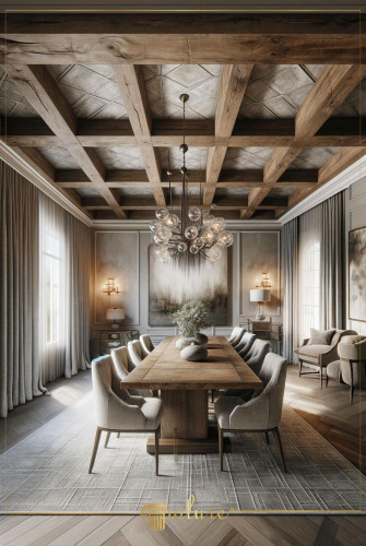 Rustik klassisches Wohnzimmer mit Polyurethan-Balkendecke und eleganter Einrichtung <h2>Rustikaler Luxus in klassischer Form</h2><p>Die Gestaltung verbindet <strong>Polyurethan</strong>-Elemente in Form einer kassettierten Decke mit warmen Holzoberflächen. Diese Decke ist in geometrischen Quadraten gegliedert und erinnert an traditionelle Handwerkskunst, während sie dank moderner Herstellung leicht und langlebig ist.</p><p>Ein zentraler Esstisch aus natürlichem Holz steht im Fokus. Er wird von graubezogenen Stühlen begleitet, die eine elegante Note hinzufügen. Die klaren Linien treffen auf klassische Wandpaneele, wodurch ein zeitloser Kontrast entsteht.</p><p>Der gläserne <strong>Kronleuchter</strong> mit kugelförmigen Elementen fungiert als skulpturales Highlight. Er bringt nicht nur Licht, sondern auch eine moderne Dynamik in den Raum. Die Anordnung folgt einer klassischen Symmetrie, wie man sie bereits in historischen Villen des 18. und 19. Jahrhunderts schätzte.</p><h2>Materialien und Details</h2><ul><li><strong>Rustikale Holzbalken</strong> mit sichtbarer Maserung</li><li>Geometrische Kassettenfelder mit feiner Textur</li><li>Kombination von Stoff, Holz und Glas</li><li>Dezente Farbpalette in Grau, Beige und Naturholz</li></ul><p>Geschmackvolle Dekoration, ein Teppich mit geometrischem Muster und dezente Wandbilder runden die Atmosphäre ab. Dieses Zusammenspiel sorgt für ein Interieur, das sowohl elegant als auch gemütlich und einladend wirkt.</p>
<p>Dieses Wohnzimmer zeigt ein Zusammenspiel von klassischem Stil und rustikaler Behaglichkeit. Die Kassettendecke aus <strong>Polyurethan</strong>-Balken ist kunstvoll geformt und verleiht dem Raum Tiefe. Ein massiver Holztisch bildet das Zentrum und lädt zu geselligen Momenten ein. Die grauen Stühle bringen Eleganz und schaffen Komfort. Großformatige Vorhänge rahmen das Ambiente mit weichem Licht. Der Kronleuchter mit kugelförmigen Glaselementen setzt einen modernen Akzent. Die <strong>Kassettenstruktur</strong> der Decke erinnert an traditionelle Baukunst. Wandvertäfelung und Kunstwerke verstärken die klassische Wirkung. Symmetrische Leuchten sorgen für Balance. Farblich dominieren Beige, Grau und Naturholz. Der Teppich mit geometrischem Muster unterstreicht die Ordnung. Die Kombination von Glas, Holz und Stoff ergänzt das harmonische Gesamtbild. Feine Texturen schaffen luxuriöse Tiefe. Historische Anklänge verbinden sich mit zeitgemäßer Technik. Das Ergebnis ist ein stilvolles und zugleich warmes Wohnzimmer.</p>