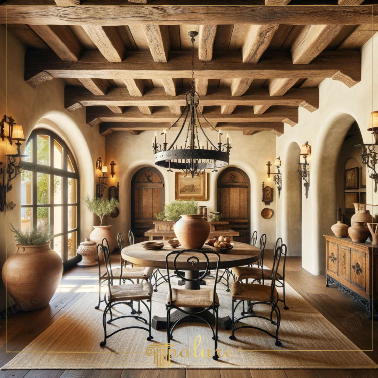 Rustic Living Room with Polyurethane Wood-Look Beams and Classic Decor <h2>Classic Rustic Charm with Wood-Look Beams</h2><p>The use of <strong>polyurethane beams</strong> with wood texture gives this rustic living room the authentic atmosphere of traditional country houses. Their grain patterns replicate aged oak, adding depth and character to the ceiling composition.</p><p>The geometric rhythm of exposed beams creates balance and harmony, particularly when paired with round iron chandelier frames and arched door designs. This interplay of repetition and curvature enhances the architectural flow without making the space feel heavy.</p><h2>Decorative Elements and Rustic Accents</h2><p><strong>Rustic decor</strong> thrives on a mix of natural textures: clay jugs, terracotta pots, and wrought iron furniture blend seamlessly into the scene. The round table at the center provides a sense of gathering, while woven seats introduce tactile contrast to the polished wooden surfaces.</p><p>The wall sconces with wrought iron scrolls are reminiscent of traditional Mediterranean villas, while the arched windows allow natural light to highlight each texture. In the history of architecture, exposed beams served both functional and decorative roles, symbolizing strength, stability, and craftsmanship.</p><h2>Balanced Forms and Warm Palette</h2><p>The space employs geometric contrasts: angular beams paired with rounded vessels, and rectangular cabinetry set against soft arched walls. This balance of forms contributes to an authentic rustic identity while maintaining refined elegance.</p><p>The overall atmosphere derives from harmony between structure and ornamentation. By mixing <strong>natural textures</strong> with <strong>handcrafted details</strong>, the design feels timeless yet comfortable, bridging tradition and modern needs with confidence.</p>

<p>This rustic living room reveals the beauty of exposed <strong>wood-look beams</strong> that shape the ceiling with natural grain definition. Polyurethane materials provide durability while preserving the charm of traditional oak. A wrought iron chandelier emphasizes symmetry and historical character. Large arched windows soften the strong lines of the beams and invite sunlight. Clay vessels placed strategically enhance the earthen tone of the room. The round wooden table builds a focal point for gatherings. Wrought iron chairs with woven seats bring artisanal craftsmanship to the center. Elegant sconces mounted on the walls enrich the atmosphere with historical references. The warm beige plaster of the walls highlights the sculptural quality of niches and arches. Rectangular sideboards with iron details tie the composition together. Balanced geometry unites rectangular, round, and arched forms seamlessly. Terracotta pots add tactile contrast and authenticity. Natural light creates shadows that dramatize the beams and furniture. The rustic layout is enriched by <strong>natural textures</strong> and aged motifs. This composition merges <strong>classic decor</strong> with durable modern solutions.</p>