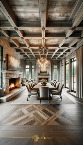 Rustik Salon mit Kassettendecke und Kamin in klassischem Stil <h2>Rustikales Design mit klassischer Raffinesse</h2><p>Das Wohnzimmer verbindet die Wärme eines großformatigen Kamins mit der raffinierten Eleganz einer <strong>Kassettendecke</strong>. Die geometrische Struktur der Holzplatten erzeugt ein rhythmisches Muster, das an handwerkliche Tradition erinnert und gleichzeitig Modernität ausstrahlt.</p><p>Die Wände und Decken wirken dank der hellen Holznuancen freundlich und einladend. Der Boden besticht durch ein sorgfältig gestaltetes Muster aus diagonalen Kreuzungen, das zusätzlich Tiefe und Dynamik in den Raum bringt. Auch die historische Verwendung von Kassettendecken in Renaissance-Villen zeigt, dass diese Technik schon früh für Prestige und Dauerhaftigkeit stand.</p><h2>Materialien und Details</h2><p>Der Kamin aus naturbelassenem Stein stellt ein imposantes Zentrum dar und verstärkt das Gefühl von Geborgenheit. Der hölzerne Esstisch wird von gepolsterten Stühlen begleitet, die den rustikalen Charakter mit Komfort verbinden. Eine moderne Leuchte aus gläsernen Kugeln bietet einen stilvollen Kontrast zur klassischen Struktur.</p><ul><li><strong>Steinkamin</strong> mit dekorativen Details</li><li><strong>Holzdecke</strong> in Kassettenform</li><li><strong>Bodenmuster</strong> mit Kreuz- und Fischgrätenoptik</li><li>Große Fenster für viel natürliches Licht</li><li>Moderne <strong>Beleuchtung</strong> als Akzent</li></ul><p>Dieses Designkonzept zeigt, dass die Kombination aus rustikalem Charme und klassischer Eleganz ideale Voraussetzungen für ein zeitlos schönes Ambiente schafft.</p>

<p>Dieses Wohnzimmer präsentiert eine rustikale und zugleich elegante Atmosphäre. Der massive <strong>Kamin</strong> aus Stein verleiht dem Raum Wärme. Die kunstvolle <strong>Kassettendecke</strong> aus Holz bildet ein prägnantes Detail. Das geometrische <strong>Bodenmuster</strong> verstärkt die optische Tiefe. Großzügige Fenster lassen viel Licht herein. Der lange Holztisch schafft eine einladende Zone. Gepolsterte Stühle verbinden Komfort mit Stil. Eine Leuchte aus Kugelglas setzt einen modernen Akzent. Holz und Stein ergänzen sich harmonisch. Die textile Ausstattung unterstützt die Behaglichkeit. Klassische Proportionen prägen die Raumwirkung. Rustikale Materialien bringen Authentizität. Detaillierte Ornamente sorgen für Charakter. Zeitlose Eleganz entsteht durch ausgewogene Kontraste. Dieses Design vereint Tradition und Moderne meisterhaft.</p>