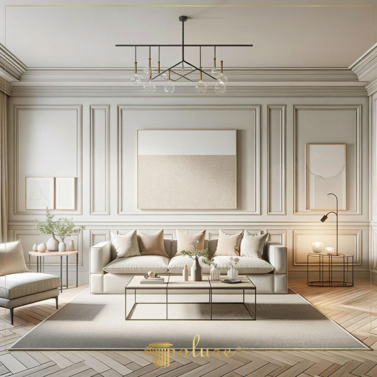 Moderne woonkamer met polyurethaan lijsten en elegante verlichting <h2>Elegantie en moderne harmonie</h2><p>De woonkamer vormt een verfijnde combinatie van klassieke details en een moderne inrichting. De <strong>polyurethaan lijsten</strong> benadrukken de wanden met een ritmisch patroon dat diepte en textuur toevoegt aan de ruimte. Deze details verwijzen subtiel naar de traditie van klassieke interieurs waar rijke muurdecoraties symmetrie en grandeur wekten.</p><p>Het meubilair is ingetogen en strak, met een comfortabele sofa, zachte kussens en een rechthoekige metalen salontafel die de geometrische structuur van de kamer benadrukt. De <strong>visgraatvloer</strong> in hout geeft de kamer warmte en variatie, terwijl de neutrale tinten rust en continuïteit brengen. Grote abstracte kunstwerken met zachte reliëfs en eenvoudig lijnenspel versterken de sfeer van modern minimalisme.</p><h2>Verlichting en sfeer</h2><p>De centrale <strong>hanglamp</strong> met glazen bollen en fijne lijnen zorgt voor een hedendaagse dynamiek. Subtiele bijzettafels met metalen frames dragen kaarslicht en sfeerlampen, waardoor een zacht contrast ontstaat met de strakke vormen. De kunstige balans van rechte lijnen en subtiele rondingen zorgt voor een uitnodigende en serene uitstraling.</p><h2>Klassieke verfijning met een moderne twist</h2><p>Polyurethaan lijsten zijn niet alleen esthetisch, maar ook functioneel vanwege hun duurzaamheid en gemakkelijke afwerking. Deze techniek heeft zijn oorsprong in de klassieke architectuur waarin sierlijsten en wandpanelen de muren ritme en orde gaven. Door dit materiaal in een modern concept te integreren, ontstaat een interieur dat tijdloos én actueel aanvoelt. Het samenspel van <strong>lichte kleuren</strong>, geometrische structuren en zorgvuldig geplaatste decorstukken vormt een elegant maar leefbaar geheel.</p>

<p>Deze woonkamer combineert klassieke muurdetails met een moderne afwerking. De toepassing van <strong>polyurethaan lijsten</strong> creëert diepte en verfijning. Neutrale tinten bevorderen rust en harmonie. Een <strong>visgraatvloer</strong> benadrukt warmte en natuurlijke elegantie. De meubels zijn strak en comfortabel ingericht. Minimalistische kunstwerken vullen de compositie met geometrisch evenwicht. Een centrale <strong>hanglamp</strong> fungeert als architecturaal middelpunt. Subtiele tafels en verlichting versterken de intimiteit van de ruimte. Rechte lijnen contrasteren zacht met ronde vormen. Lichte tinten zorgen voor een heldere uitstraling. De decoratieve structuren herinneren aan klassieke tradities. Moderne eenvoud maakt de kamer functioneel. Accentverlichting geeft een warme gloed. Polyurethaan staat bekend om duurzaamheid en klasse. Deze ruimte vormt een perfecte balans tussen klassiek en modern.</p>