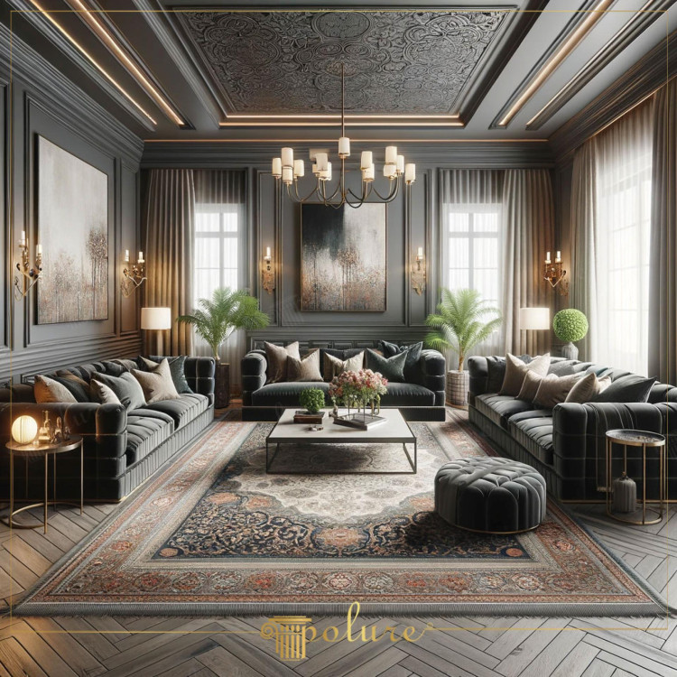 Klassieke woonkamer met polyurethaan details en verfijnde wand- en plafondlijsten <h2>Elegante details en luxueuze afwerking</h2><p>De woonkamer is verrijkt met <strong>polyurethaan</strong> lijsten die de muren en het plafond omlijsten en een klassieke sfeer oproepen. Het plafond is voorzien van verfijnde <strong>ornamenten</strong> in cirkel- en bladmotieven, die herinneren aan historische interieurs waarin decoratieve kunst centraal stond. Deze vorm van afwerking sluit aan bij de lange traditie van Europese architectuur, waar decoratieve lijsten een teken van status en verfijnde smaak waren.</p><p>De muren zijn opgebouwd uit geometrisch <strong>wandpanelen</strong> waarin kunstwerken hangen die harmonieus aansluiten bij de kleuren van de ruimte. Het gebruik van donkergrijs en goud zorgt voor een sterke balans tussen koelte en warmte, en benadrukt de klassieke compositie.</p><h2>Harmonie tussen meubels en vloer</h2><p>Twee ruime fluwelen sofa’s in diepe tinten geven de kamer grandeur en nodigen uit tot comfort. Een oosters tapijt, rijkelijk versierd met <strong>patronen</strong>, brengt de ruimte visueel samen. De houten vloer in <strong>visgraat</strong> structuur voegt een subtiele maar duidelijke historische toets toe, die vaak te vinden was in herenhuizen en stadspaleizen.</p><h2>Verlichting en sfeer</h2><p>De gouden kroonluchter met meerdere armen vormt een centraal decoratief element en verlicht de ruimte met warme accenten. Aanvullende wandlampen versterken de verfijnde ambiance. Grote ramen en lichte gordijnen laten het natuurlijke licht overvloedig binnenstromen, waardoor de donkerdere meubels en decoratie perfect in balans blijven.</p>

<p>Deze klassieke woonkamer straalt luxe uit door rijke <strong>plafondlijsten</strong> en zorgvuldig vormgegeven details. Het gebruik van donkere kleuren in combinatie met goud creëert een elegante balans. Het plafond toont complexe <strong>ornamenten</strong> die de ruimte diepte geven. Een groot oosters vloerkleed met subtiele motieven verbindt meubels en vloer tot één geheel. De muren zijn voorzien van geometrische panelen en kunstwerken die een verfijnde toets brengen. Grote ramen zorgen voor natuurlijke lichtinval die de sfeer zachter maakt. Het visgraat houten parket benadrukt de klassieke uitstraling. Fluwelen sofa’s in diepe tinten voegen extra comfort en stijl toe. De symmetrische plaatsing van meubels verhoogt de esthetische harmonie. Een chandelier met goudkleurige accenten vormt het middelpunt. De decoratie voelt zowel traditioneel als eigentijds aan. Planten plaatsen frisse accenten in de ruimte. De verlichting is gebalanceerd voor een luxueuze sfeer. Alles samen creëert dit een tijdloos interieur. Het resultaat is een harmonieuze en klassieke leefruimte.</p>