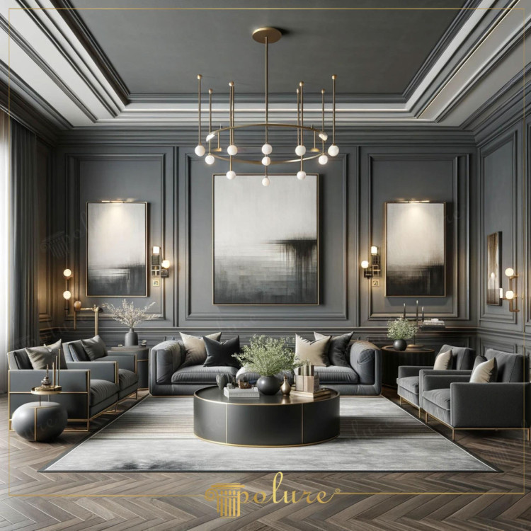 Moderne klassieke woonkamer met polyurethaan sierlijsten en geometrische elegantie <h2>Geometrische charme in modern-klassieke stijl</h2><p>De woonkamer onderscheidt zich door zijn <strong>polyurethaan lijsten</strong> die zowel op de muren als het plafond subtiel geometrische vormen creëren. Deze bekrachtigen de visuele diepte en geven de ruimte een gevoel van klasse en structuur. De symmetrisch geplaatste panelen benadrukken tegelijk modern minimalisme en klassieke verfijning.</p><p>De inrichting speelt met contrasterende materialen: vluchtige stoffen, gladde oppervlakken en accenten in <strong>goud</strong> zorgen voor een luxueuze uitstraling. De grote abstracte schilderijen vullen de geometrische ritmes aan en versterken het moderne karakter.</p><h2>Historische en esthetische connecties</h2><p>Geometrische wandverdelingen hebben hun wortels in neoklassieke tradities, waar proportie en orde centraal stonden. In dit ontwerp worden ze heruitgevonden in een strakkere, eigentijdse uitvoering die aansluit bij modern interieurdesign.</p><h2>Details en sfeer</h2><p>Centraal staat een ronde salontafel, een contrasterende vorm tegen de lineaire wandpanelen, waardoor er een speelse balans ontstaat. De verlichting met cirkelvormige armaturen en warme gloed omlijst de <strong>moderne klassieke sfeer</strong>, en de donkere tinten worden verzacht door frisse decoratieve elementen, zoals groene planten en zachte stoffering.</p><ul><li>Symmetrie en geometrie versterken het totaalbeeld.</li><li>Donkere tonen met reliëf en diepte-effect.</li><li><strong>Elegantie</strong> door materiaalcombinaties en afwerkingen.</li></ul>
<p>Deze woonkamer laat zien hoe <strong>geometrische sierlijsten</strong> een ruimte structuur en elegantie geven. De combinatie van strakke lijnen en subtiele decoratie zorgt voor een evenwichtige sfeer. Het gebruik van polyurethaan maakt zowel duurzaamheid als verfijnd detail mogelijk. De symmetrische panelen onderstrepen een klassieke balans. Tegelijkertijd voegen moderne meubels een frisse dimensie toe. Een ronde salontafel contrasteert sierlijk met rechte lijnen. Het kleurenpalet in grijstinten brengt rust en harmonie. Goudaccenten zorgen voor een hoogwaardige uitstraling. Abstracte kunstwerken versterken het eigentijdse gevoel. De verlichting benadrukt de <strong>moderne klassieke stijl</strong>. Houten visgraatvloeren voegen warmte en textuur toe. Klassieke architectonische invloeden geven historische diepgang. De inrichting nodigt uit tot ontspanning en sociale momenten. Strakke geometrie en zachte accenten vullen elkaar aan. Het resultaat is een <strong>tijdloos interieur</strong> dat luxe en comfort ademt.</p>