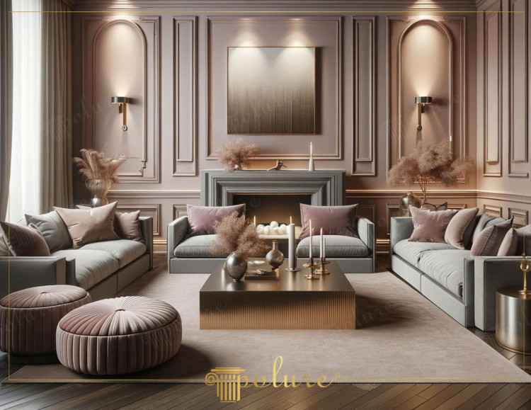 Moderne klassieke woonkamer met polyurethaan details en verfijnde geometrie <h2>Polyurethaan details in een moderne klassieke benadering</h2><p>De kern van dit ontwerp ligt in het gebruik van <strong>polyurethaan</strong> wandpanelen die met zorg zijn vormgegeven in geometrische en gebogen motieven. Ze creëren diepte en ritme en verwijzen subtiel naar historische stijlen zoals de neoklassieke lambrisering, maar in een sobere en moderne uitvoering.</p><p>Het kleurenpalet combineert zachte grijzen, taupe en delicate poederroze accenten. De twee ronde poefjes met geplooide afwerking introduceren een tactiele dimensie die contrasteert met de strakke en hoekige vormen van de banken. De centrale salontafel van metaal, met ribbelstructuur en gouden glans, fungeert als focuspunt dat warmte en elegantie toevoegt.</p><h2>Decoratieve gelaagdheid en verlichting</h2><p>De decoratieve objecten, zoals vazen gevuld met pluimgras, versterken een organische en luchtige sfeer. De wandarmaturen zorgen voor een benadrukte lichtval langs de verticale lijnen en rondbogen, waardoor er een spel van schaduw en licht ontstaat. Dit doet denken aan klassieke architectuur, waarin niches en boogmotieven vaak reliëf en verfijning gaven.</p><p>De symmetrische opbouw benadrukt balans en rust, terwijl de combinatie van strakke en ronde vormen voor een dynamische dialoog zorgt. Deze harmonie creëert een warme en uitnodigende leefomgeving waarin moderne en klassieke elementen samensmelten.</p><ul><li><strong>Geometrische patronen</strong> in wandpanelen</li><li><strong>Symmetrische compositie</strong> van meubels</li><li><strong>Plissé en rondvormige poefs</strong> als tactiele accenten</li><li><strong>Gouden metalen details</strong> voor een luxueuze uitstraling</li></ul>

<p>Deze woonkamer toont hoe <strong>polyurethaan</strong> gebruikt kan worden om een moderne en klassieke sfeer te verweven. De wandpanelen bevatten verfijnde <strong>geometrische patronen</strong> die een gevoel van diepte geven. Zachte tinten in grijs en poederroze versterken de warme uitstraling. De banken zijn strak vormgegeven maar verzacht door elegante kussens. Twee ronde poefs met geplooid textiel brengen een tactiel evenwicht. Het gouden salontafelstuk voegt een subtiele glans toe aan de ruimte. Wandarmaturen benadrukken verticale lijnen en rondbogen in de lambrisering. Een ingetogen lichtspel zorgt voor rust en harmonie. Gedroogde pluimen in elegante vazen voegen organische zachtheid toe. De combinatie van strakke vormen en ronde accenten creëert visuele dynamiek. Symmetrische opbouw benadrukt een klassieke balans. De materialen voelen rijk en duurzaam aan. Historische verwijzingen worden subtiel geïntegreerd. Het resultaat is een stijlvol en tijdloos interieur. Deze gelaagde compositie biedt inspiratie voor wie modern en klassiek wil combineren.</p>