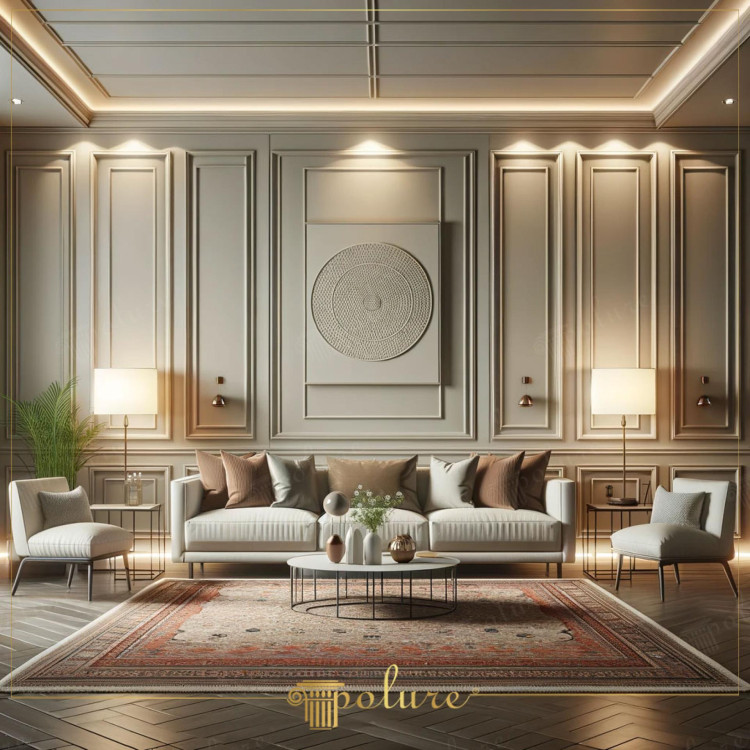 Sala de estar clássica moderna com molduras de poliuretano em paredes e teto <h2>Elegância moderna com detalhes clássicos</h2><p>A sala de estar apresenta uma fusão harmoniosa entre o estilo <strong>clássico</strong> e o <strong>moderno</strong>, destacando-se pelo uso de molduras de <strong>poliuretano</strong> nas paredes e teto. Essas molduras criam um jogo de relevos geométricos que reforçam a sensação de amplitude e hierarquia visual.</p><p>No centro, um grande painel circular em relevo adiciona textura e artesania, remetendo à longa história dos ornamentos de parede usados na arquitetura europeia. Durante o Renascimento, elementos similares eram esculpidos em madeira e gesso; aqui, o material contemporâneo garante leveza e durabilidade.</p><p>O ambiente é complementado por iluminação indireta que percorre os vãos do teto rebaixado, realçando o <strong>design</strong> arquitetônico. Sofás em tecido neutro, mesa de centro metálica e almofadas em tons terrosos mantêm a paleta sofisticada.</p><p>Um tapete de estilo oriental com padrões geométricos e bordas detalhadas acrescenta calor e um toque artesanal à sala. Já o piso em chevron escuro contrasta com a clareza das paredes, ampliando a profundidade do espaço.</p><ul><li>Molduras de poliuretano que destacam o recorte clássico</li><li>Painel central circular com padrão texturizado</li><li>Tapete oriental detalhado em tons quentes</li><li>Iluminação difusa de atmosfera acolhedora</li></ul>

<p>Esta sala de estar combina molduras de <strong>poliuretano</strong> com um design clássico reinterpretado. A composição das paredes com painéis retangulares cria ritmo visual. No teto, a repetição geométrica reforça o equilíbrio. A iluminação LED embutida valoriza os volumes. O painel circular central se torna o ponto focal. O piso em espinha de peixe contrasta com a paleta suave. O tapete com padrões orientais aquece o ambiente. As linhas retas dos sofás contribuem com sobriedade. Os materiais escolhidos garantem longevidade. A simetria dos abajures reforça a elegância. Detalhes artesanais aparecem discretamente. O conforto não é comprometido pela sofisticação. O estilo moderno clássico proporciona atemporalidade. O uso de <strong>geometria</strong> traduz leveza visual. O resultado é uma sala equilibrada, sofisticada e acolhedora.</p>